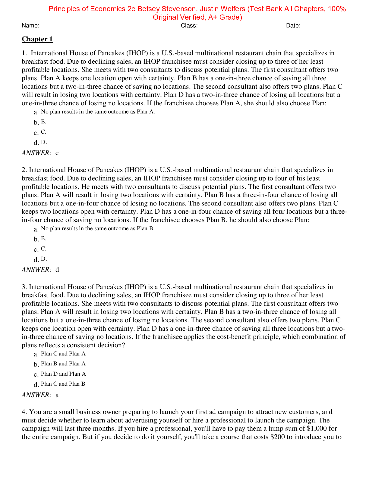 Preview of Test Bank For Principles of Economics 2nd Edition By Betsey Stevenson, Justin Wolfers
