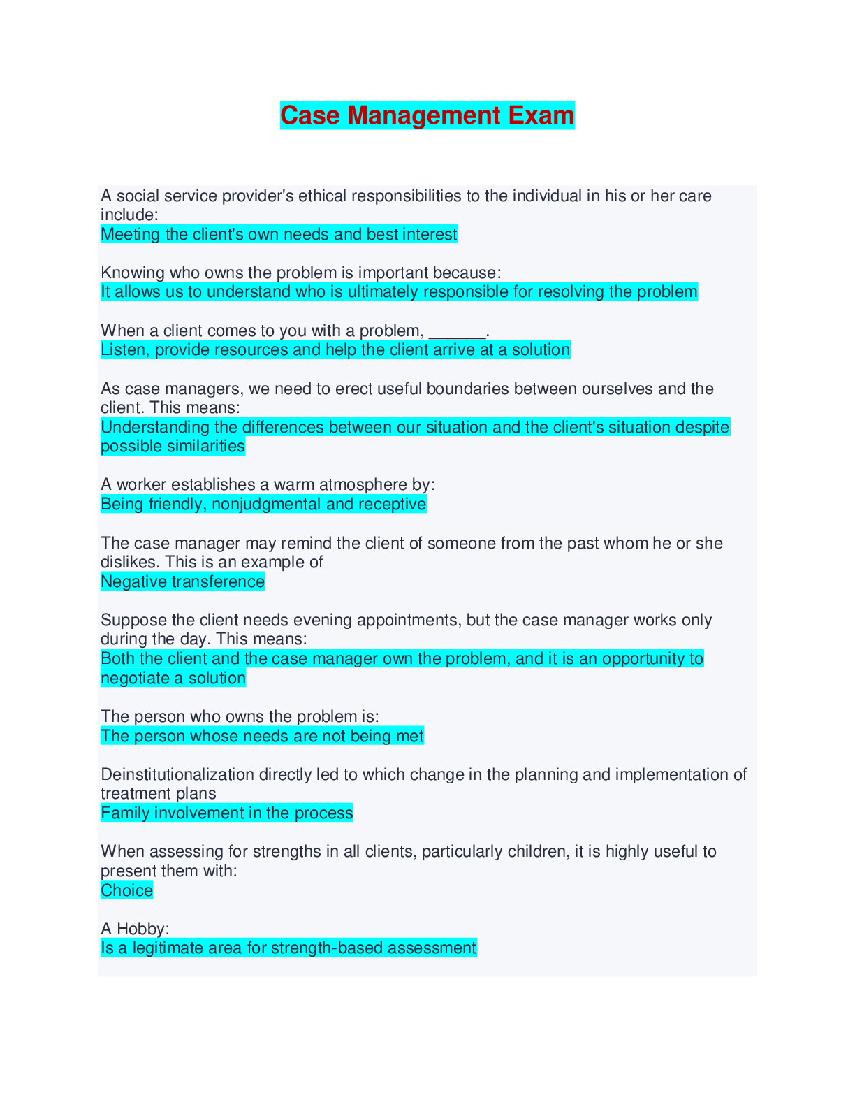 Case Management Exam - Questions and Answers