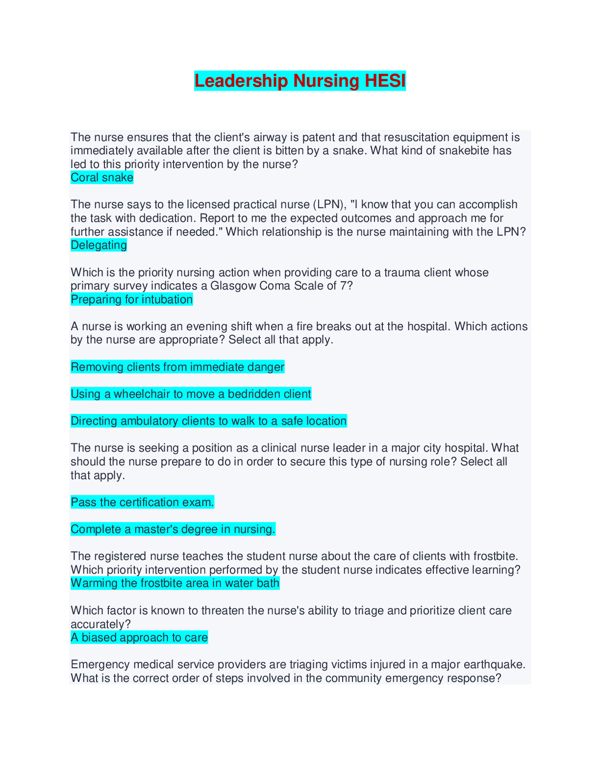 Preview of Leadership Nursing HESI - Questions and Answers
