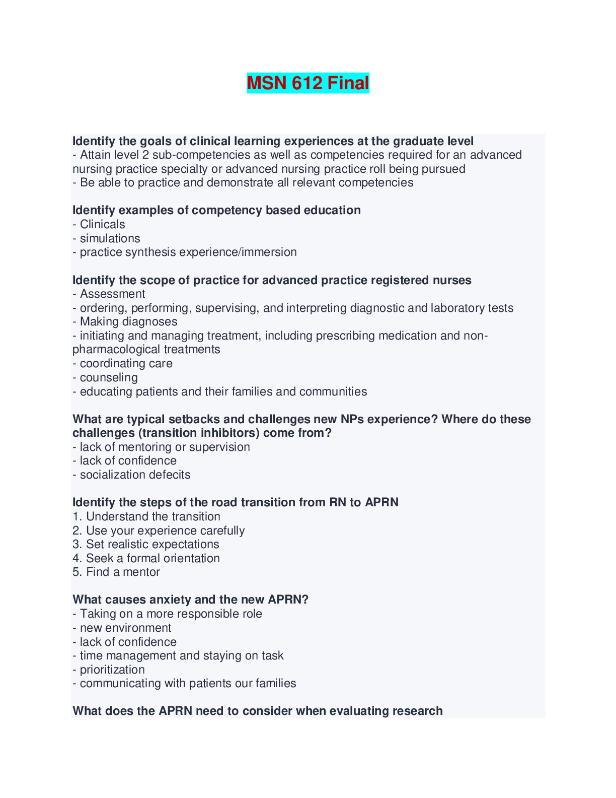 Preview image of MSN 612 Final - Questions and Answers document