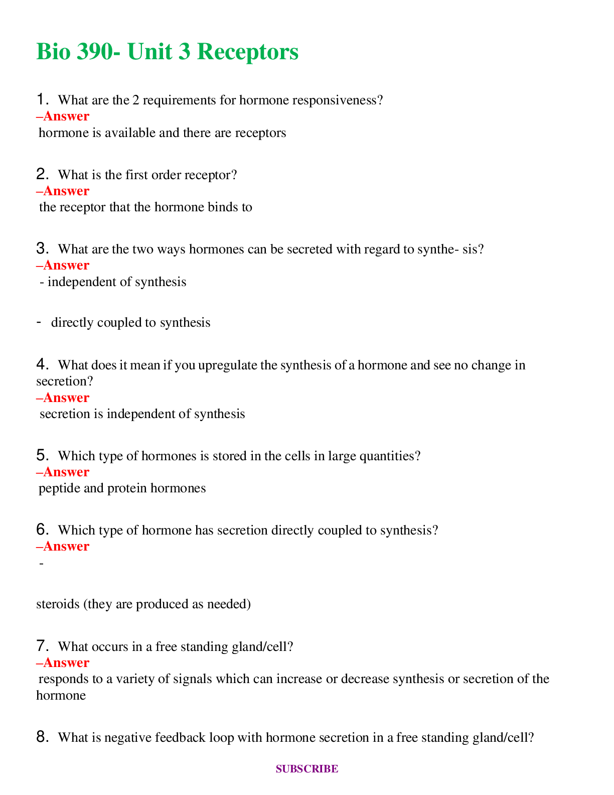 BIOS 390 Unit 3 Receptors  | Questions & Answers with rationales