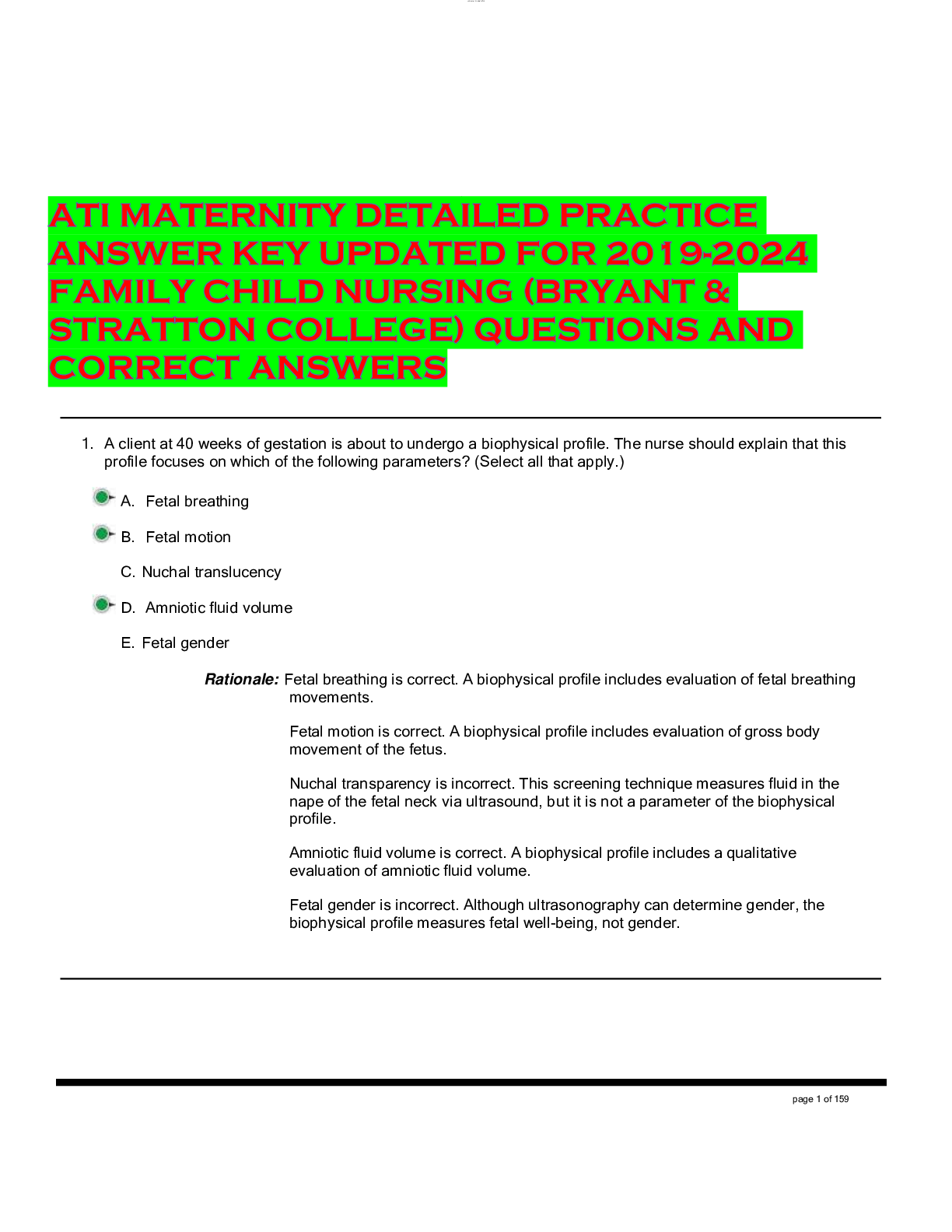 Preview of ATI MATERNITY DETAILED PRACTICE ANSWER KEY UPDATED FOR 2019-2024 FAMILY CHILD NURSING (BRY