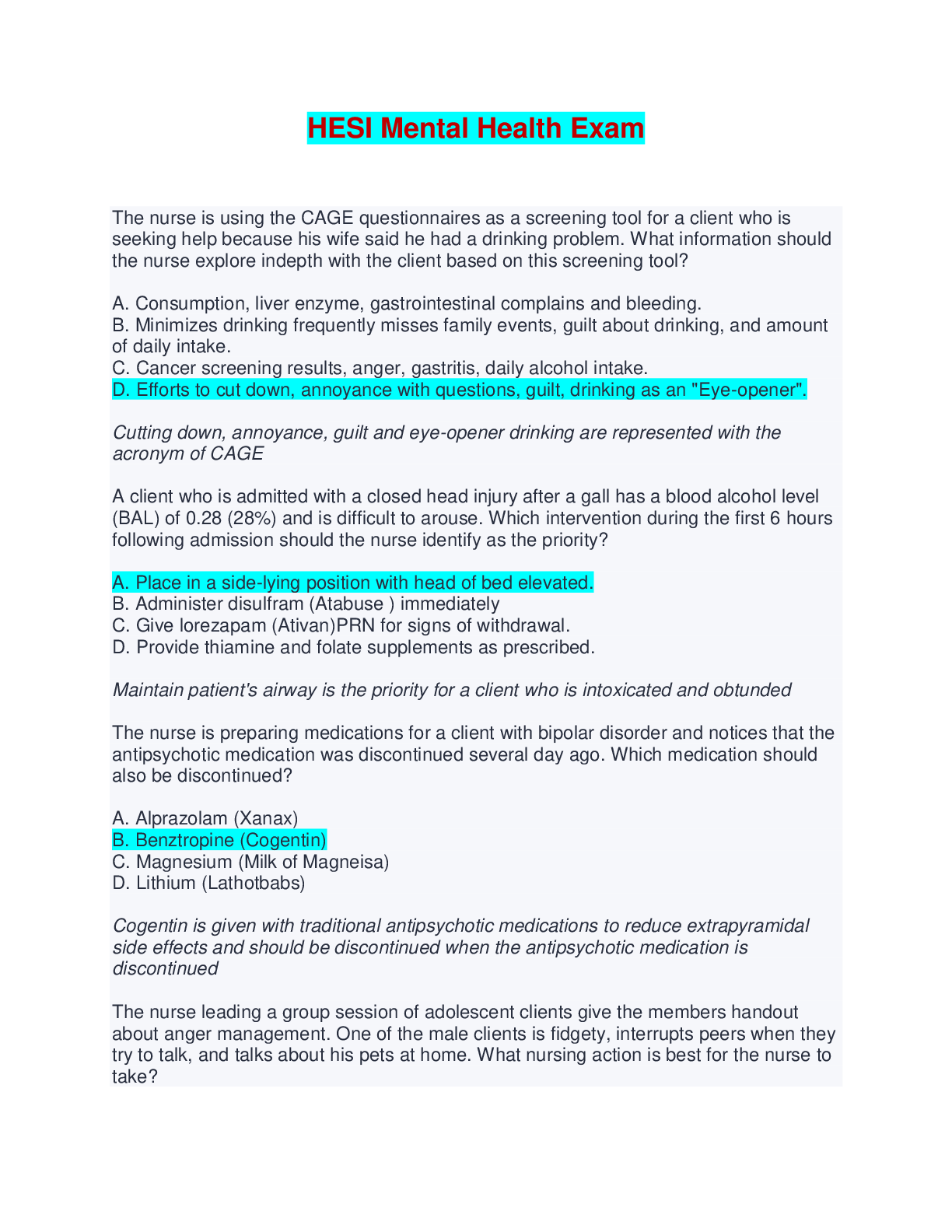 Preview of HESI Mental Health Exam - Questions and Answers (Complete Solutions)