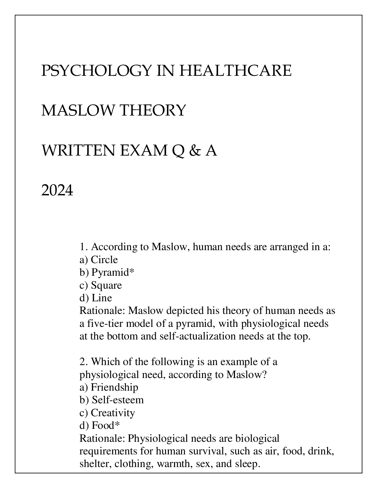 Preview image for PSYCHOLOGY IN HEALTHCARE MASLOW THEORY WRITTEN EXAM Q & A 2024