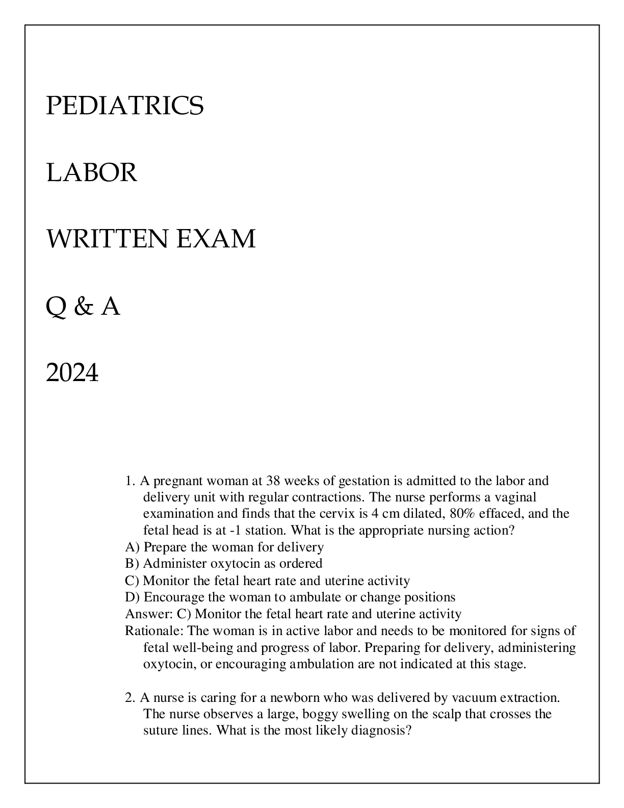 Preview image for PEDIATRICS LABOR WRITTEN EXAM Q & A 2024