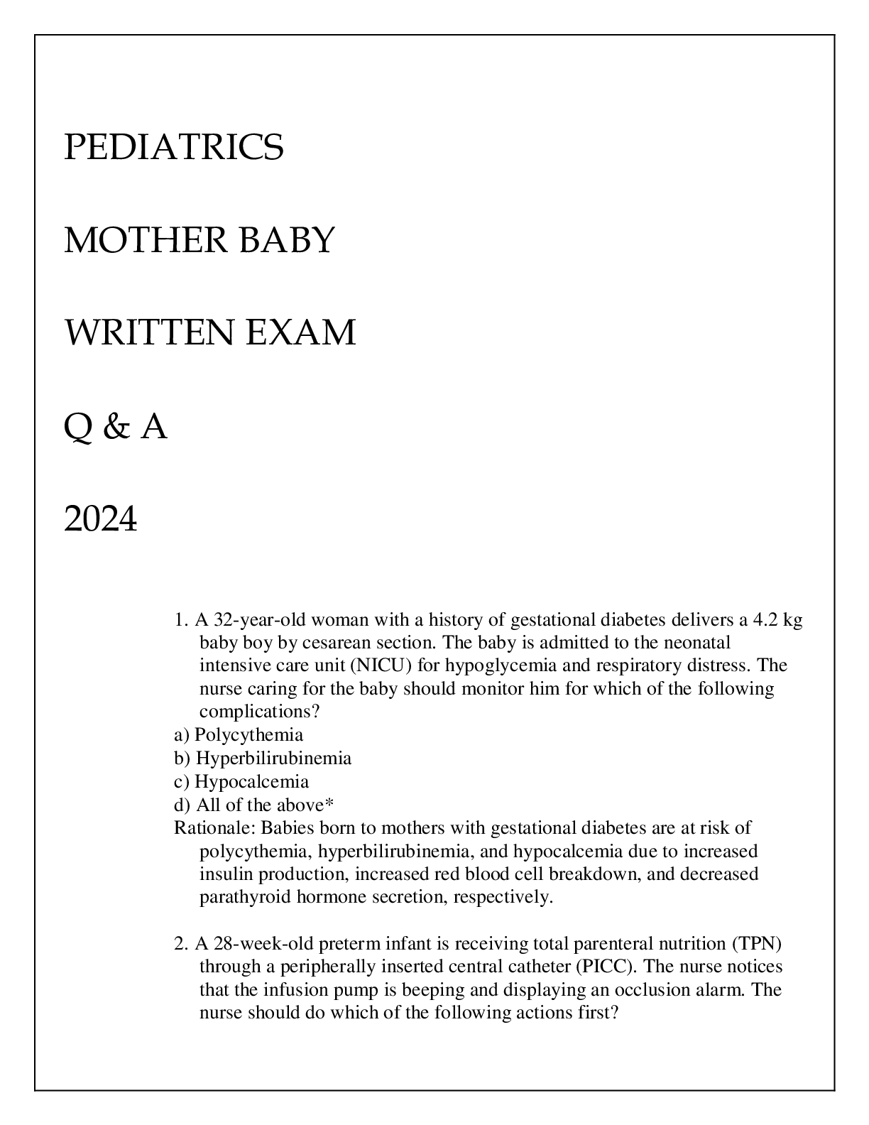 Preview image for PEDIATRICS MOTHER - BABY WRITTEN EXAM Q & A 2024