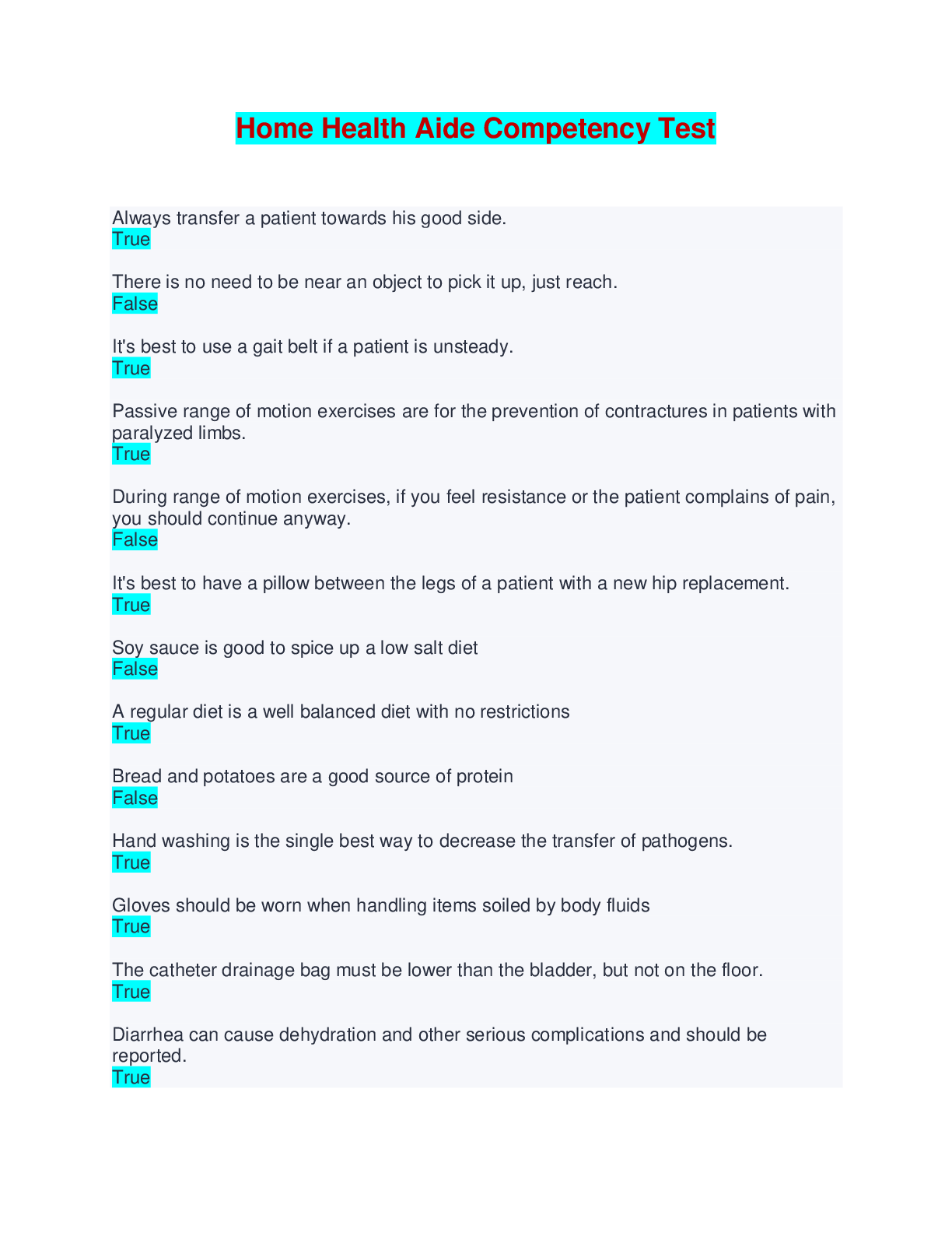 Home Health Aide Competency Test T/F Questions and Answers Browsegrades