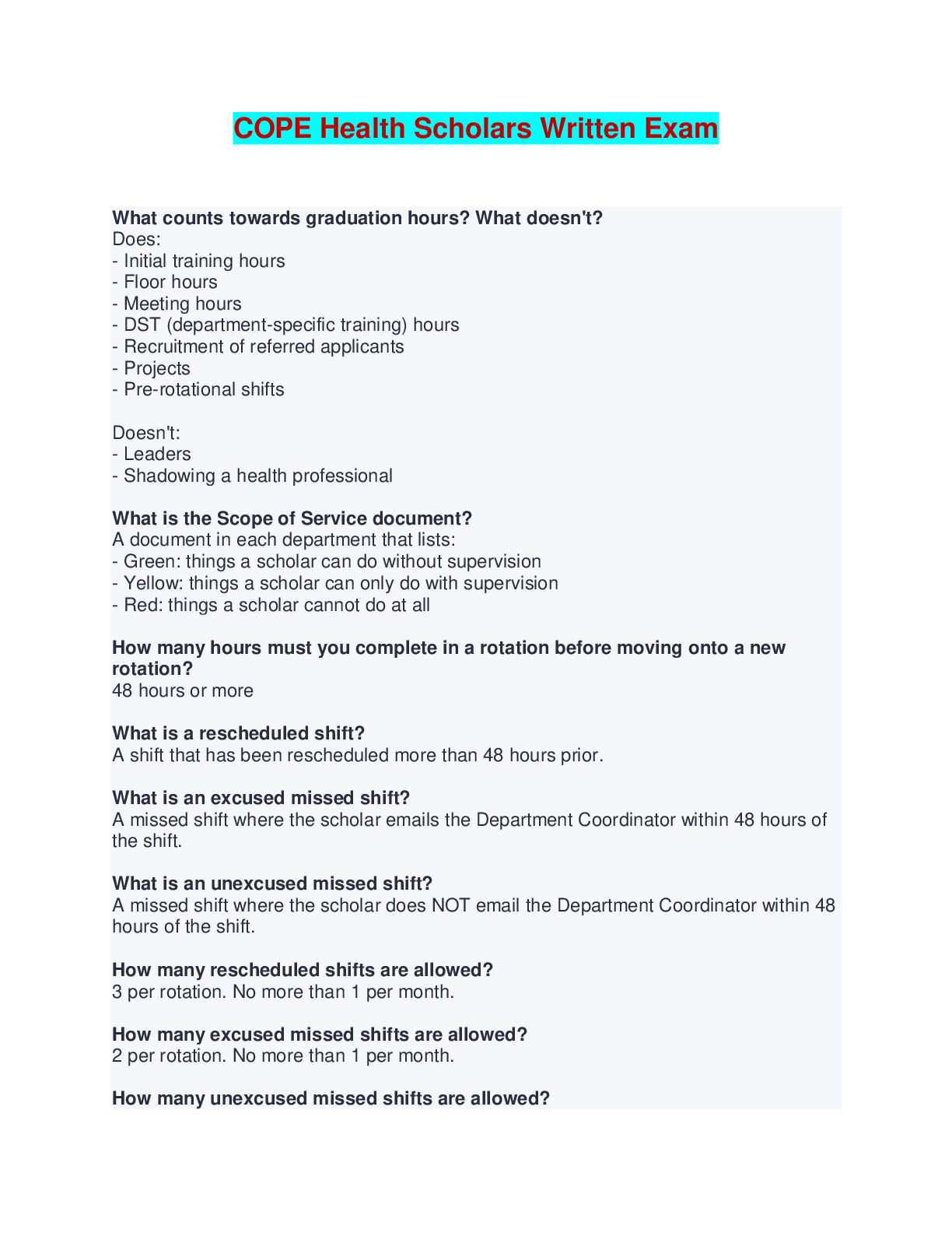 Preview of COPE Health Scholars Written Exam - Questions and Answers