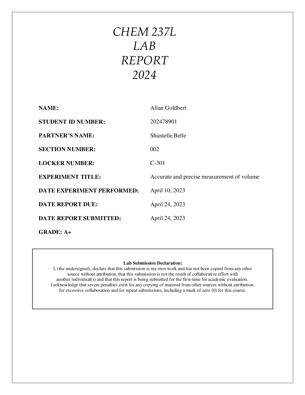 Preview of CHEM 237L LAB REPORT - ACCURATE AND PRECISE MEASUREMENT OF VOLUME SUBMITTED  APRIL 2024