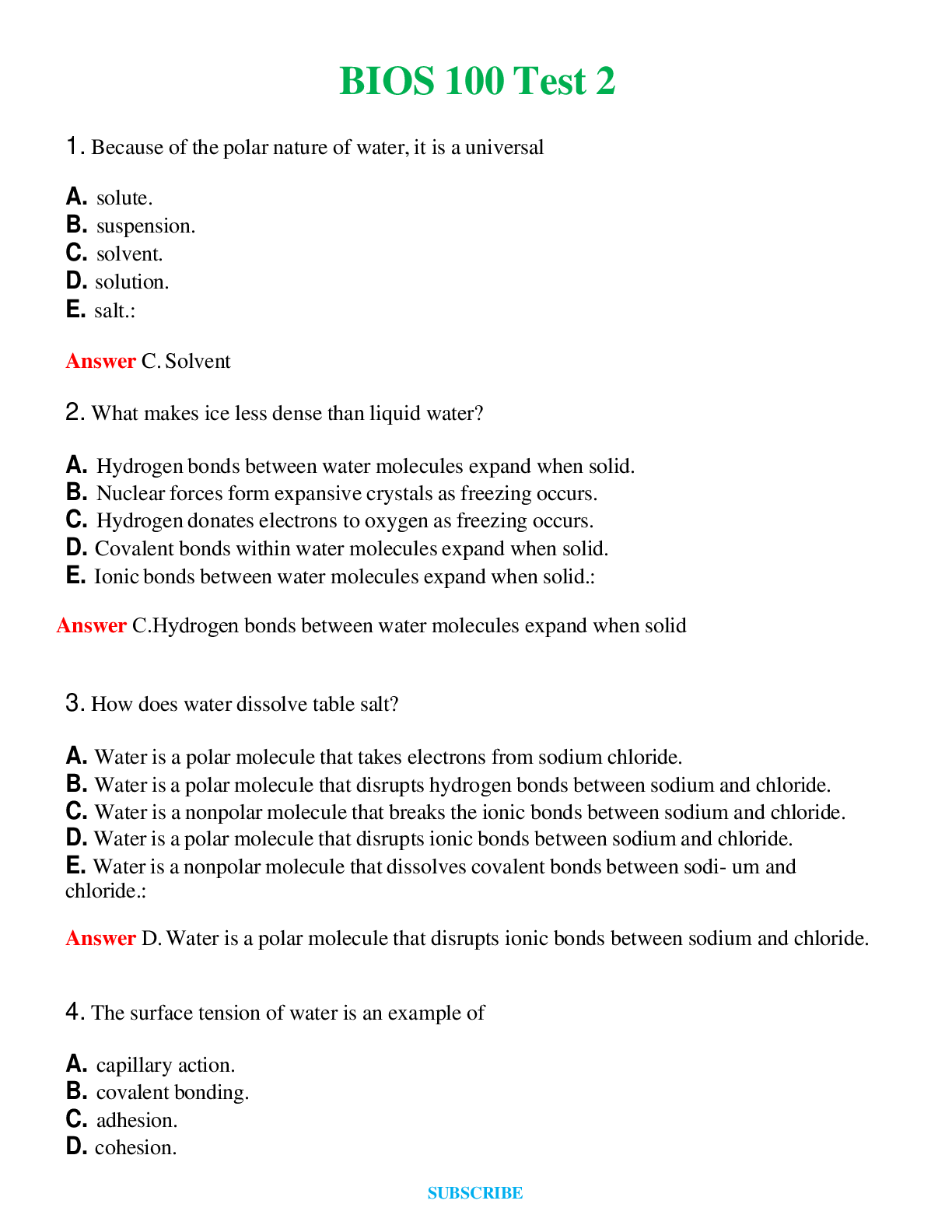 BIOS 100 Test 2   Questions and Answers (Verified Answers)