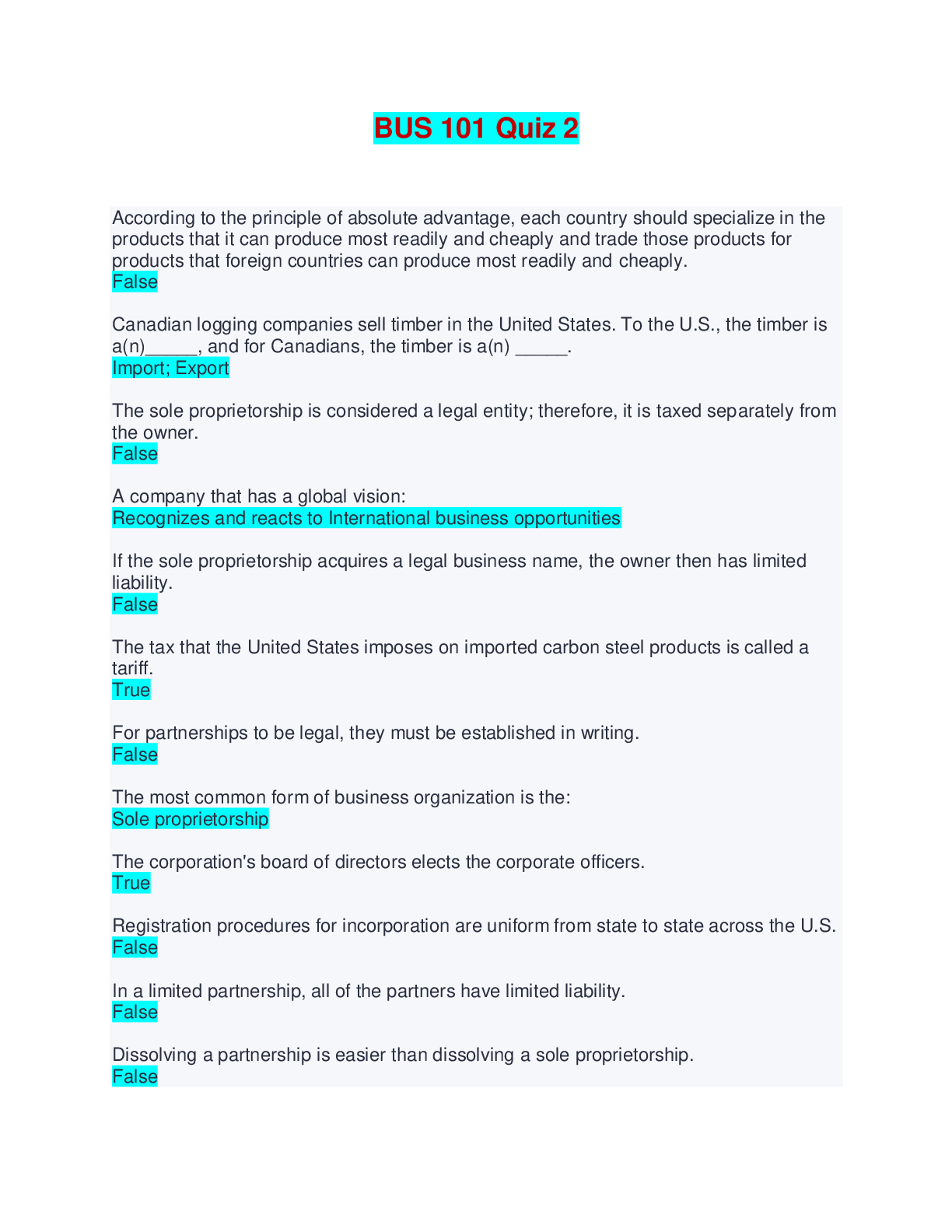 BUS 101 Quiz 2 - Questions and Answers