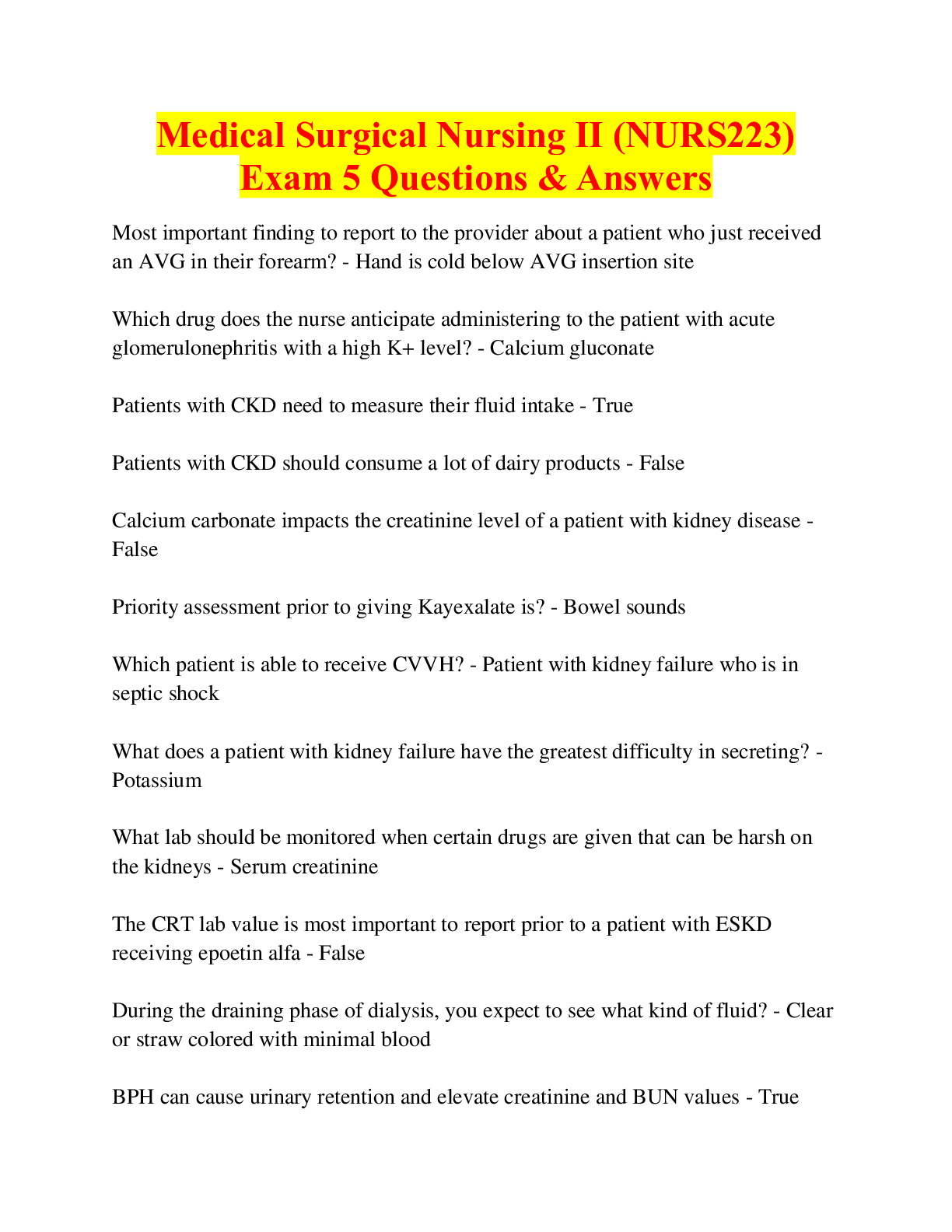 Preview of Medical Surgical Nursing II (NURS223) Exam 5 Questions & Answers