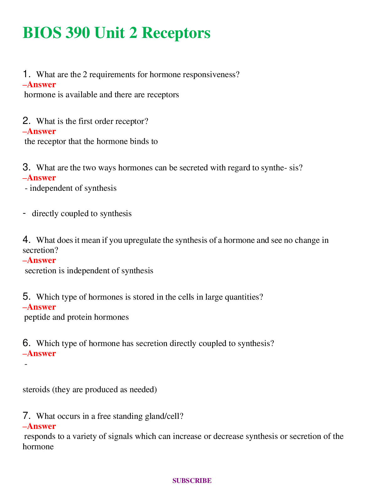 BIOS 390 Unit 2 Receptors    Questions and Answers (Verified Answers)