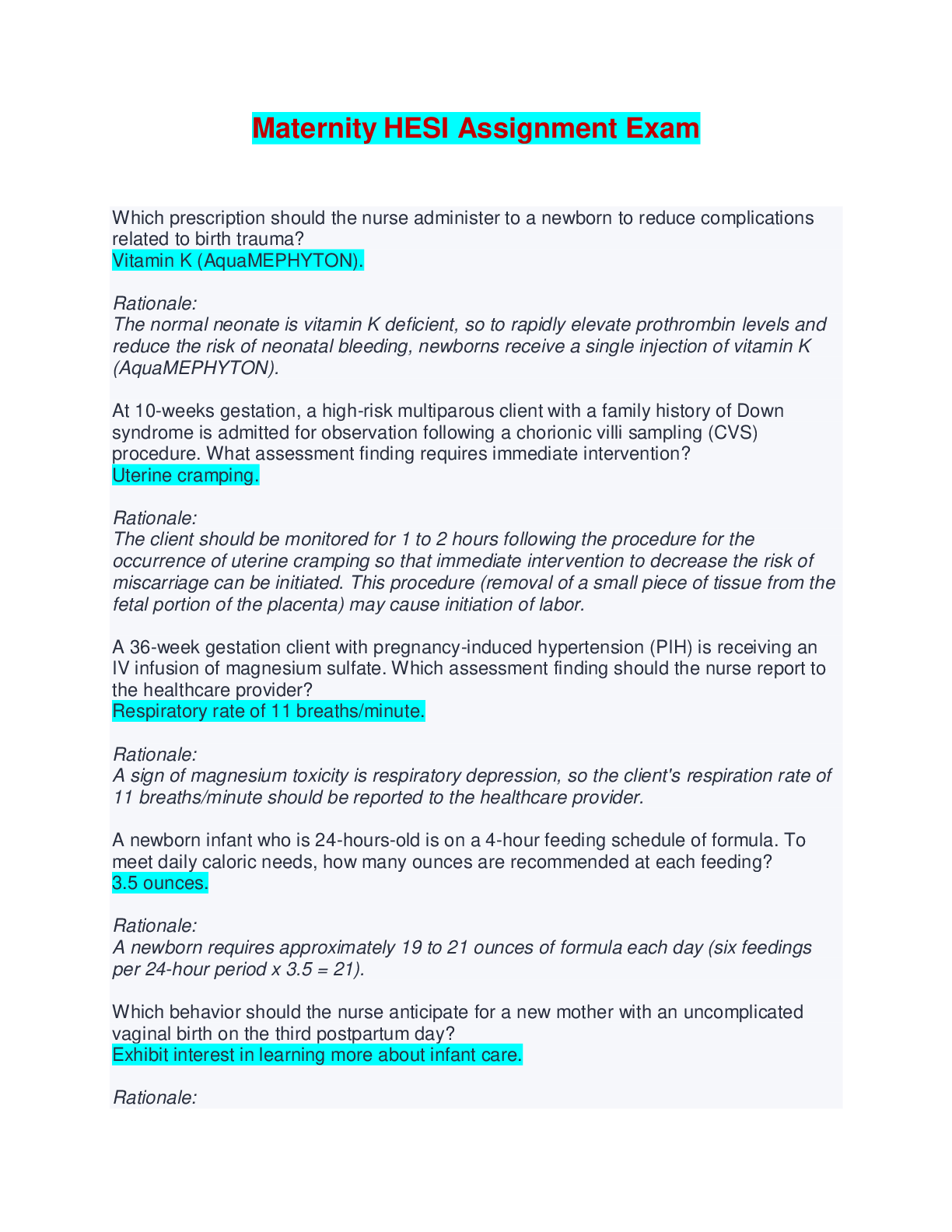 Maternity HESI Assignment Exam - Questions, Answers and Rationales