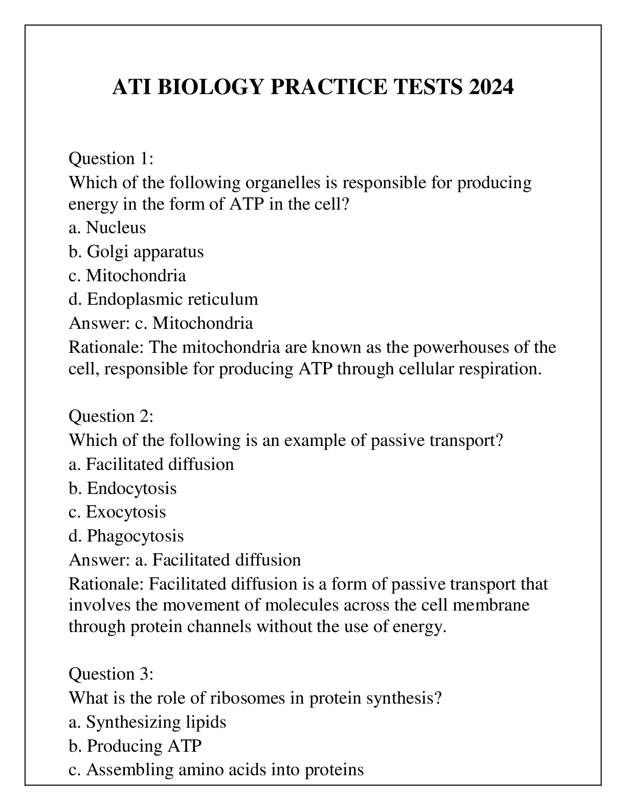 Preview image for ATI BIOLOGY PRACTICE TESTS Q & A 2024