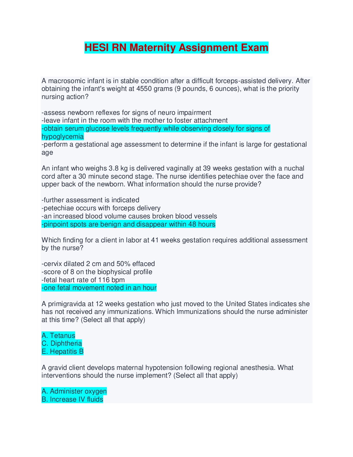 HESI RN Maternity Assignment Exam - Questions and Answers