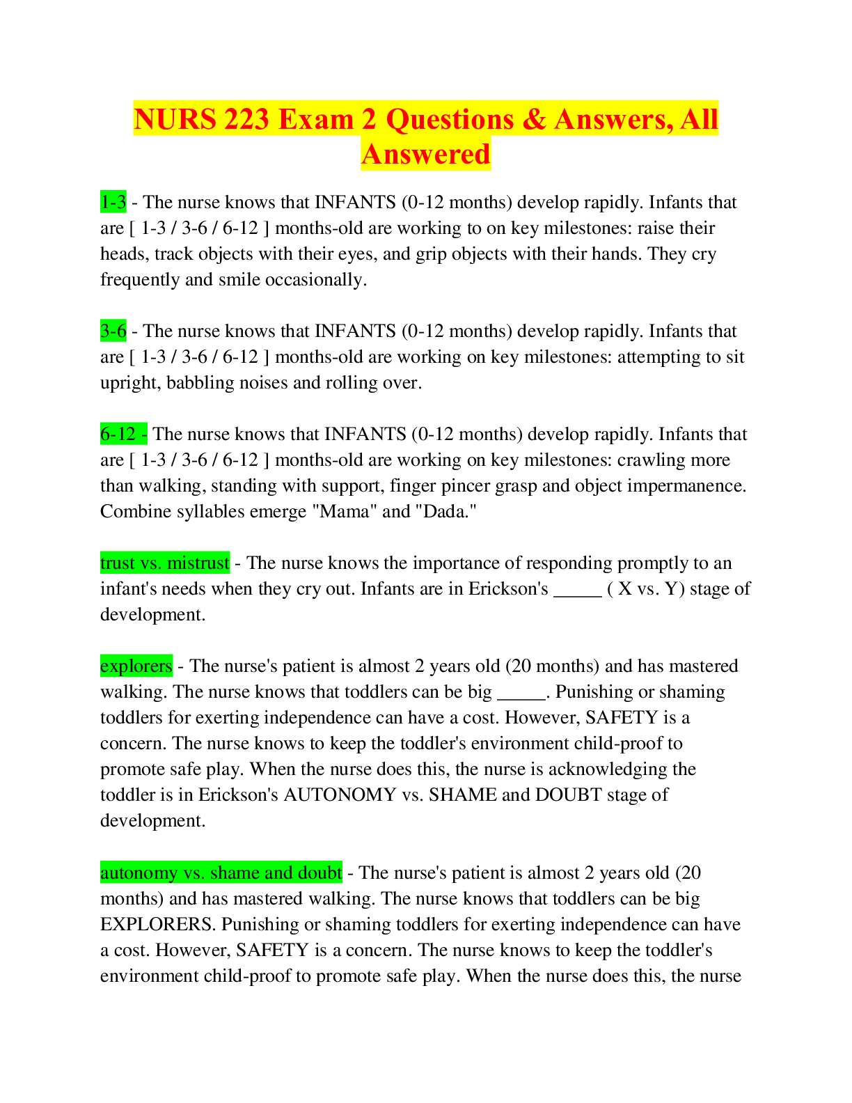 Preview of NURS 223 Exam 2 Questions & Answers, All Answered