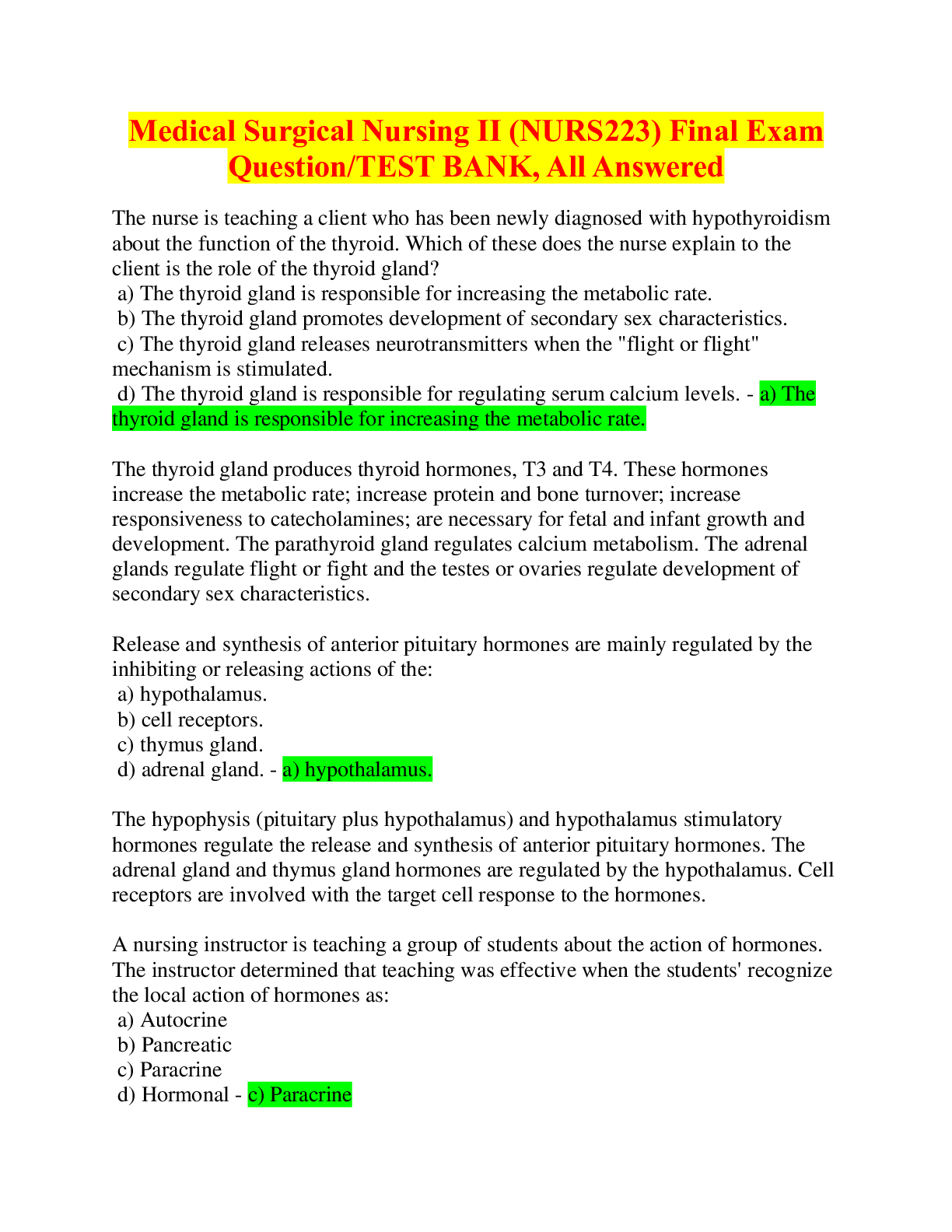 Preview of Medical Surgical Nursing II (NURS223) Final Exam Question/TEST BANK, All Answered