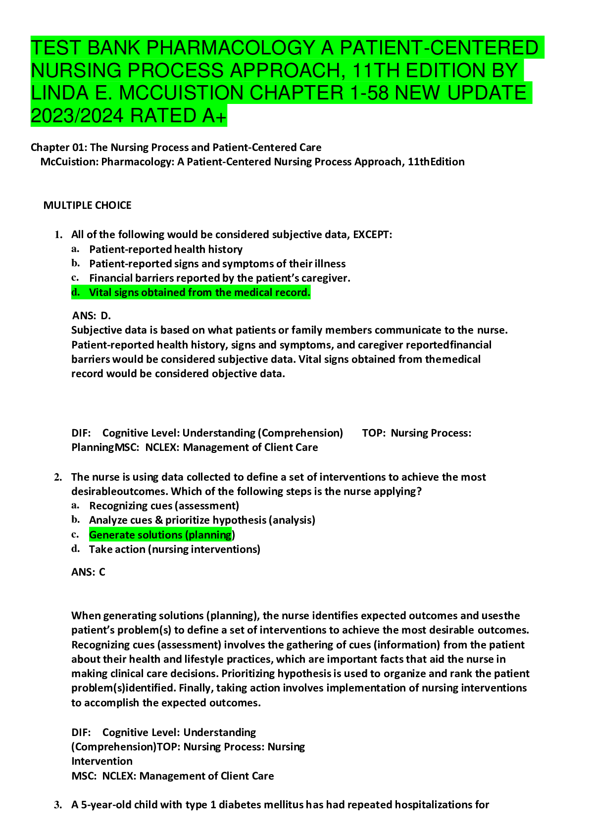 Preview image for TEST BANK PHARMACOLOGY A PATIENT-CENTERED NURSING PROCESS APPROACH, 11TH EDITION BY LINDA E. MCCUISTION CHAPTER 1-58 NEW UPDATE 2023/2024 RATED A+