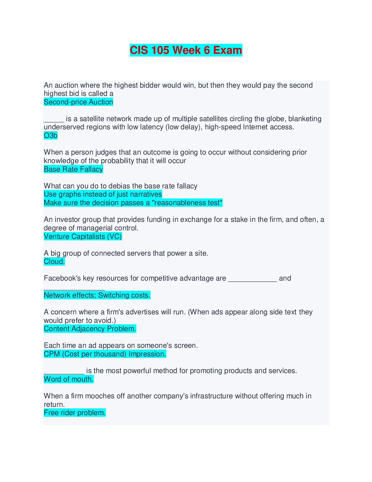 CIS 105 Week 6 Exam - Questions and Answers