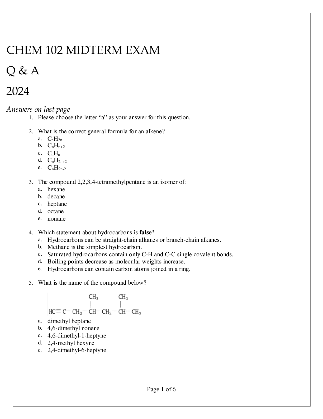 Preview image for CHEM 102 MIDTERM EXAM Q & A 2023