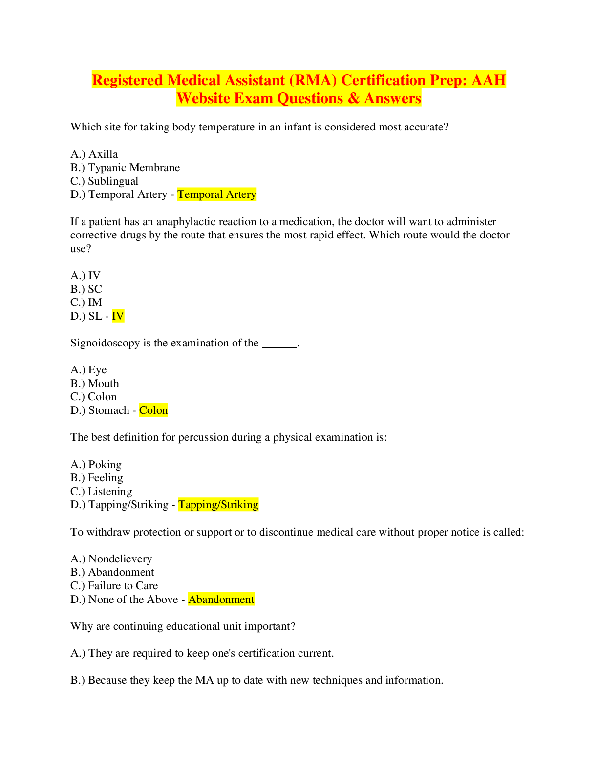Preview of Registered Medical Assistant (RMA) Certification Prep: AAH Website Exam Questions & Answer