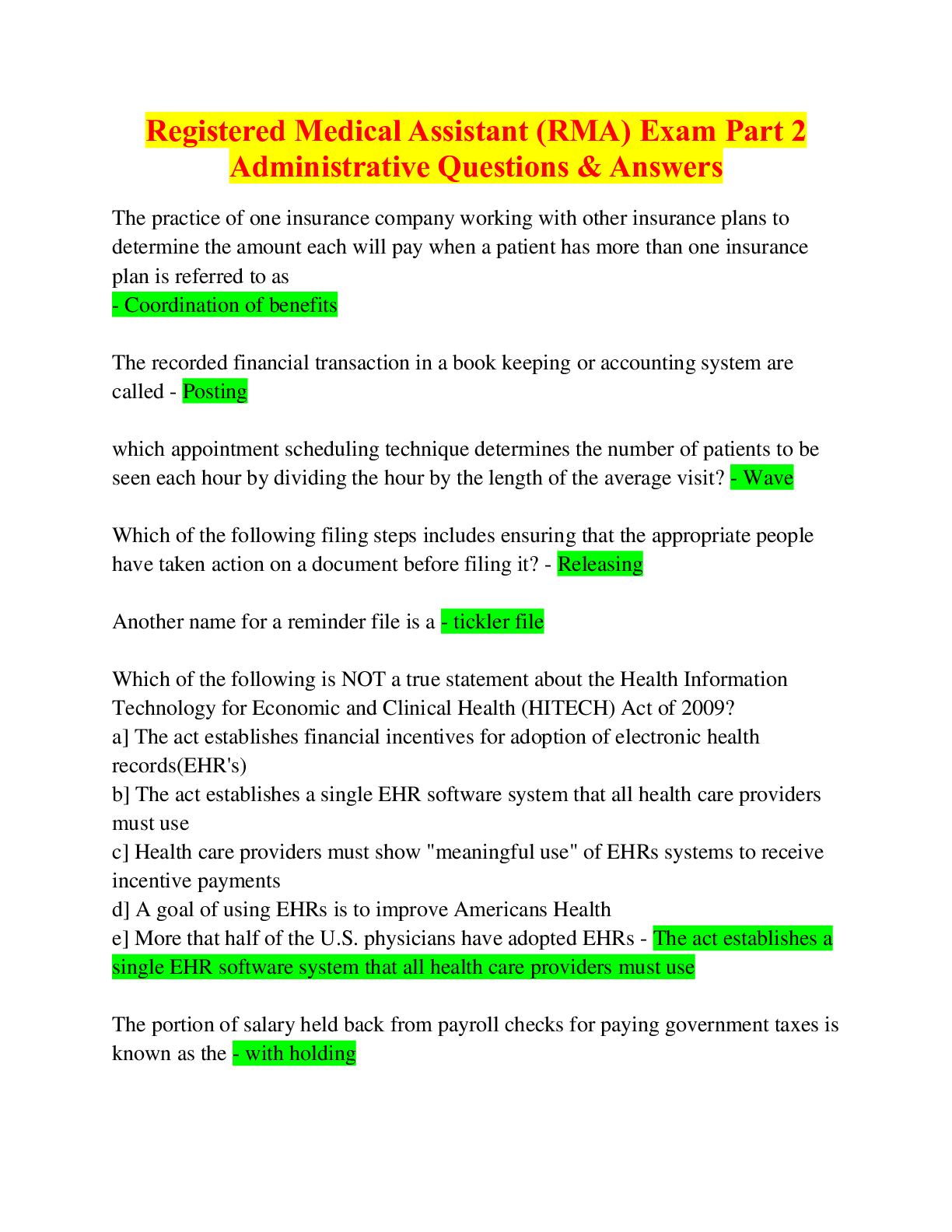 Preview of Registered Medical Assistant (RMA) Exam Part 2 Administrative Questions & Answers