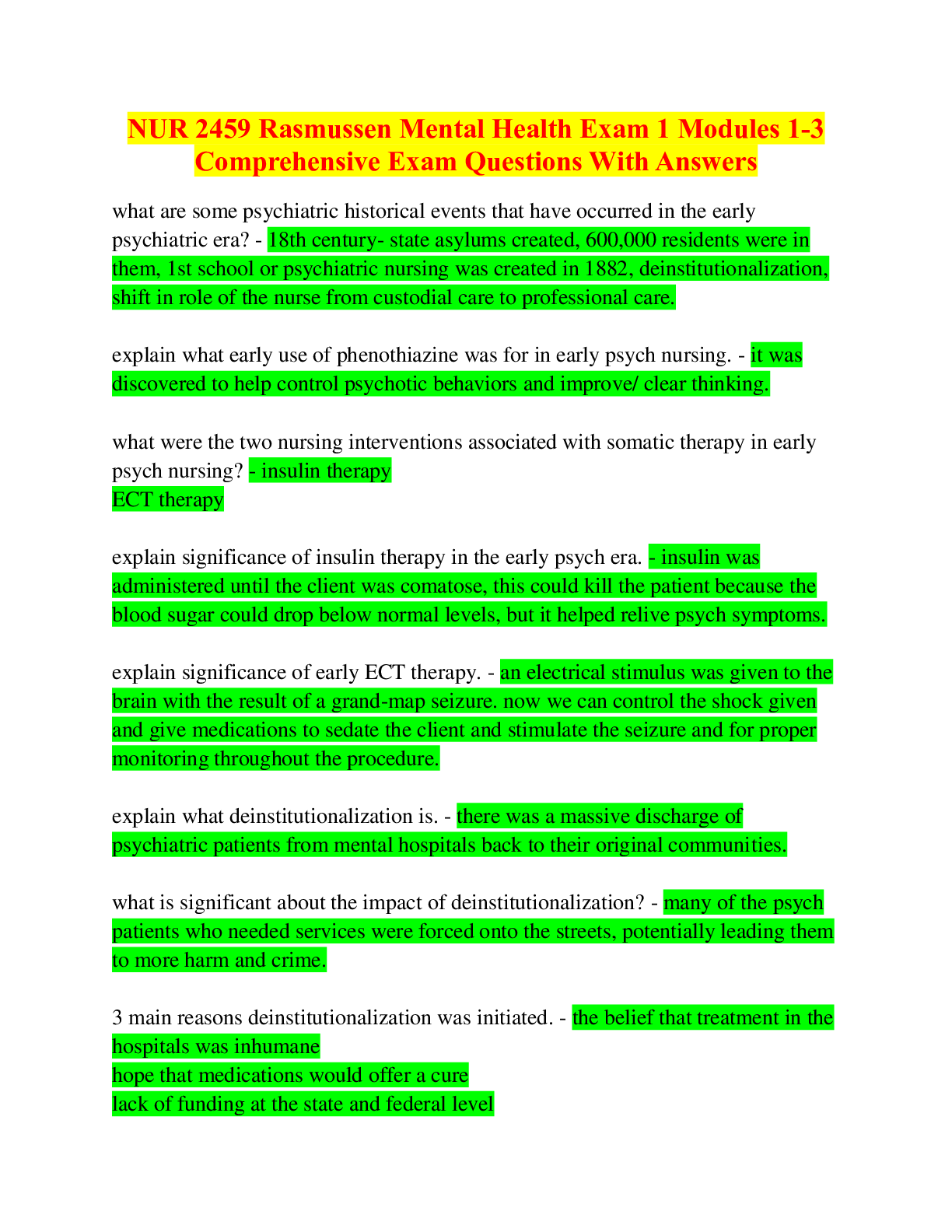 Preview image for NUR 2459 Rasmussen Mental Health Exam 1 Modules 1-3 Comprehensive Exam Questions With Answers