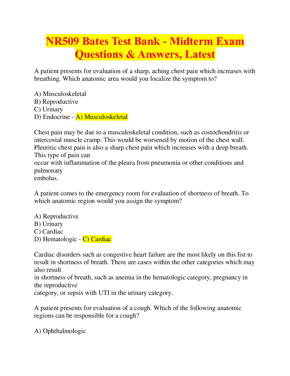 NR509 Bates Test Bank - Midterm Exam Questions & Answers, Latest 2024