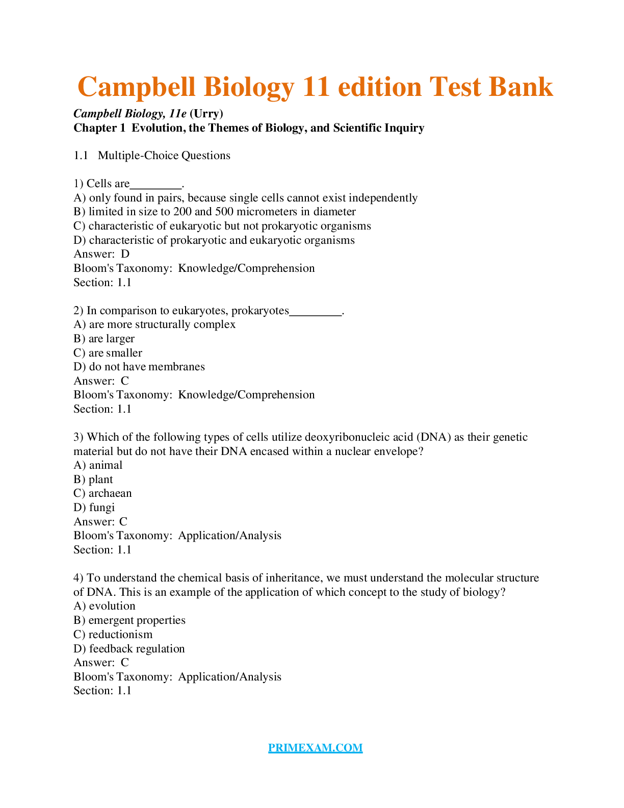 Campbell Biology 11 edition Test Bank