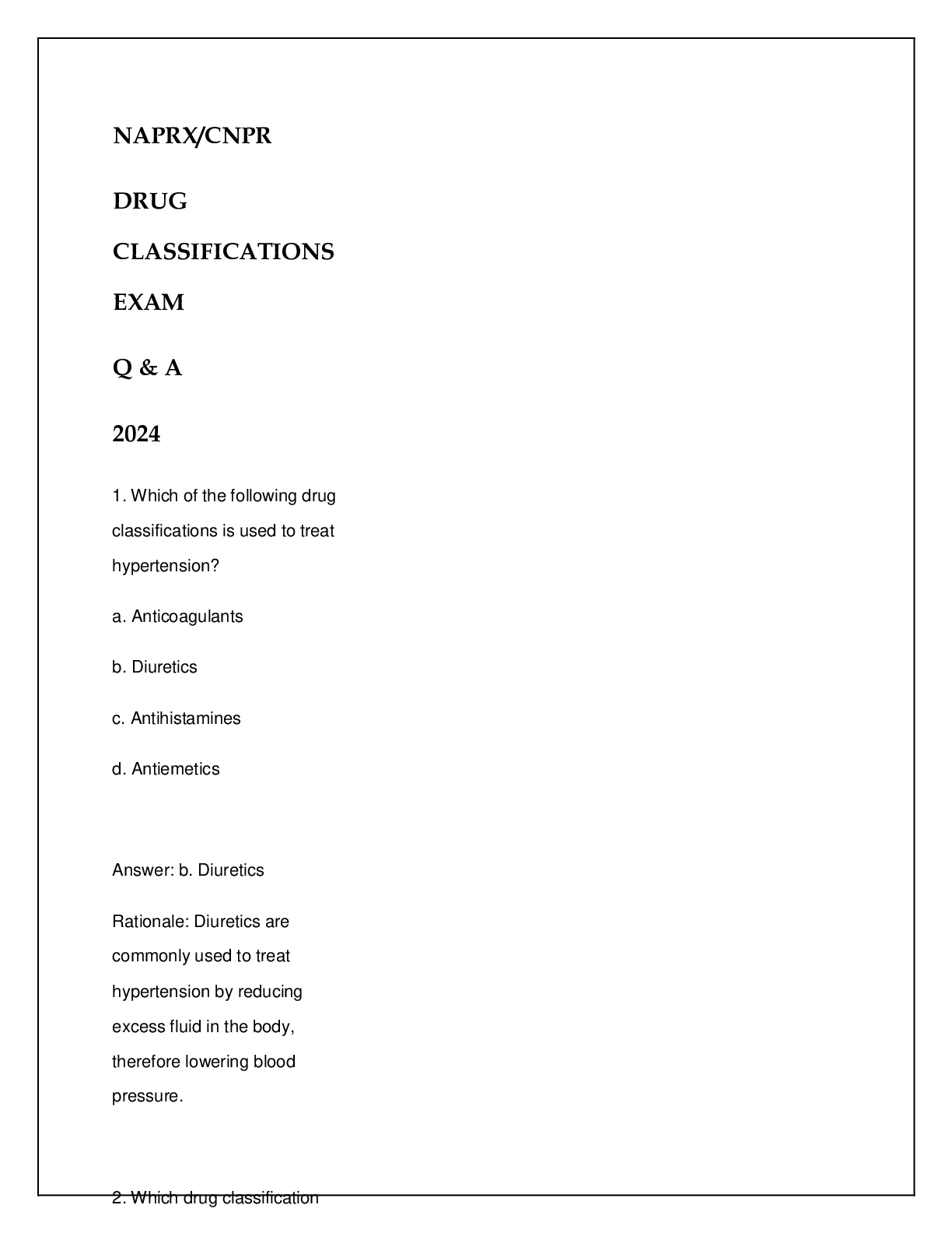 Preview of NAPRX CNPR DRUG CLASSIFICATIONS EXAM Q &amp; A 2024