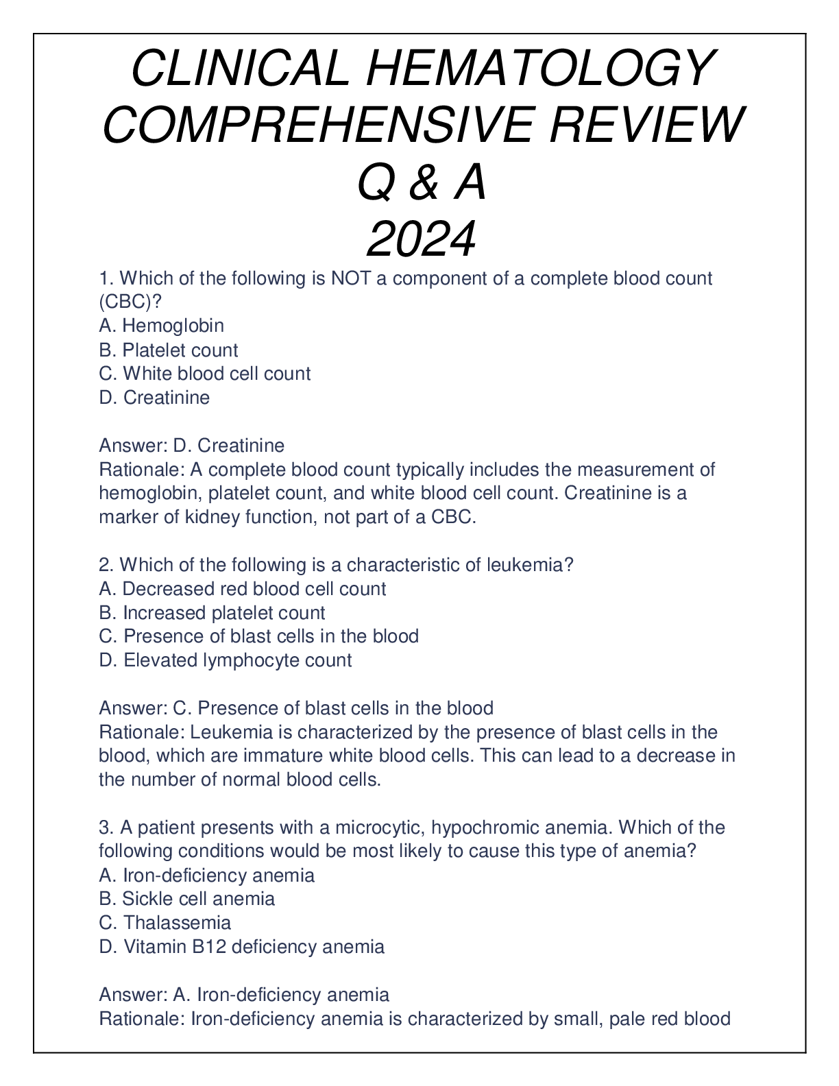 Preview image for CLINICAL HEMATOLOGY COMPREHENSIVE REVIEW Q & A 2024