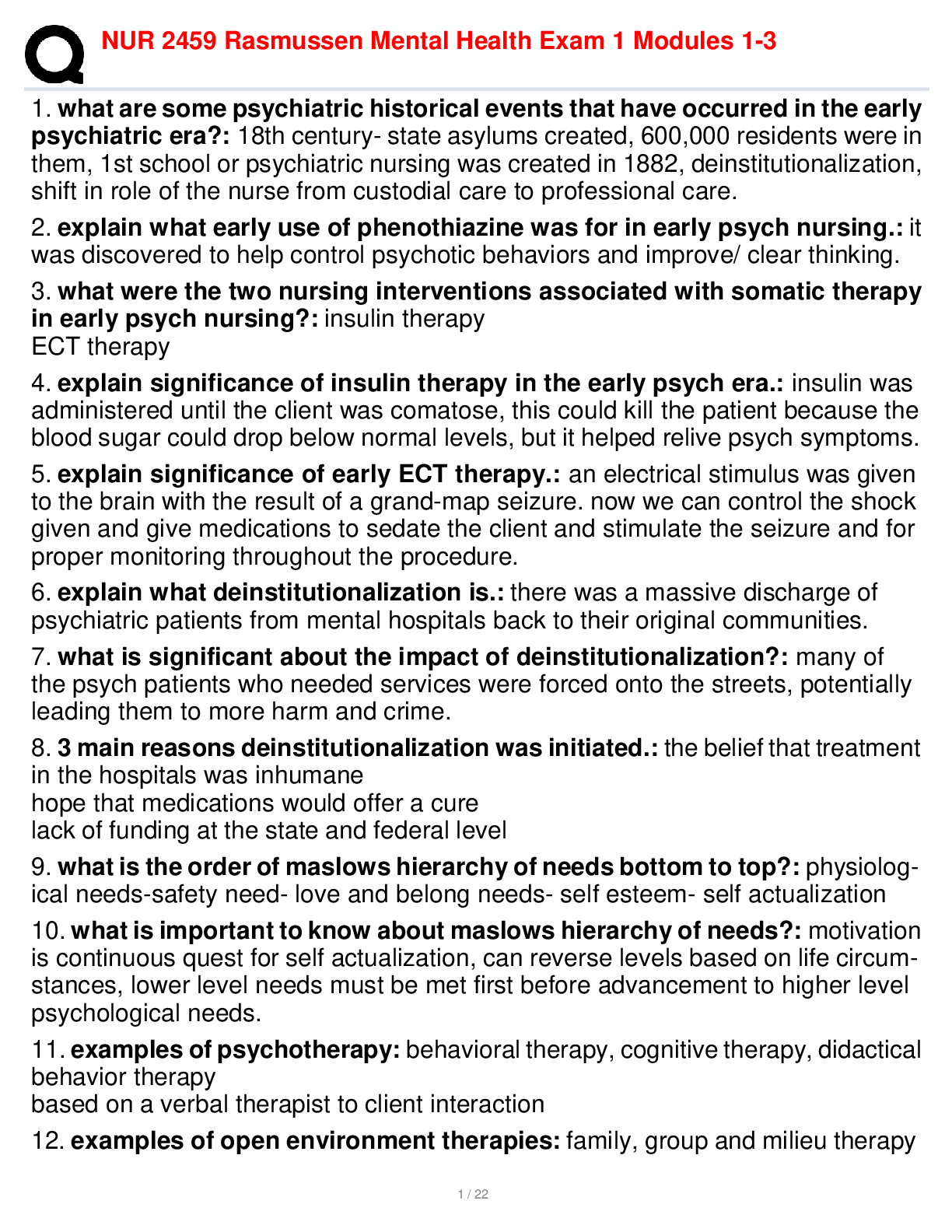 Preview image for NUR 2459 Rasmussen Mental Health Exam 1 Modules 1-3 Comprehensive Questions and Answers |what are some psychiatric historical events that have occurred in the early psychiatric era?...