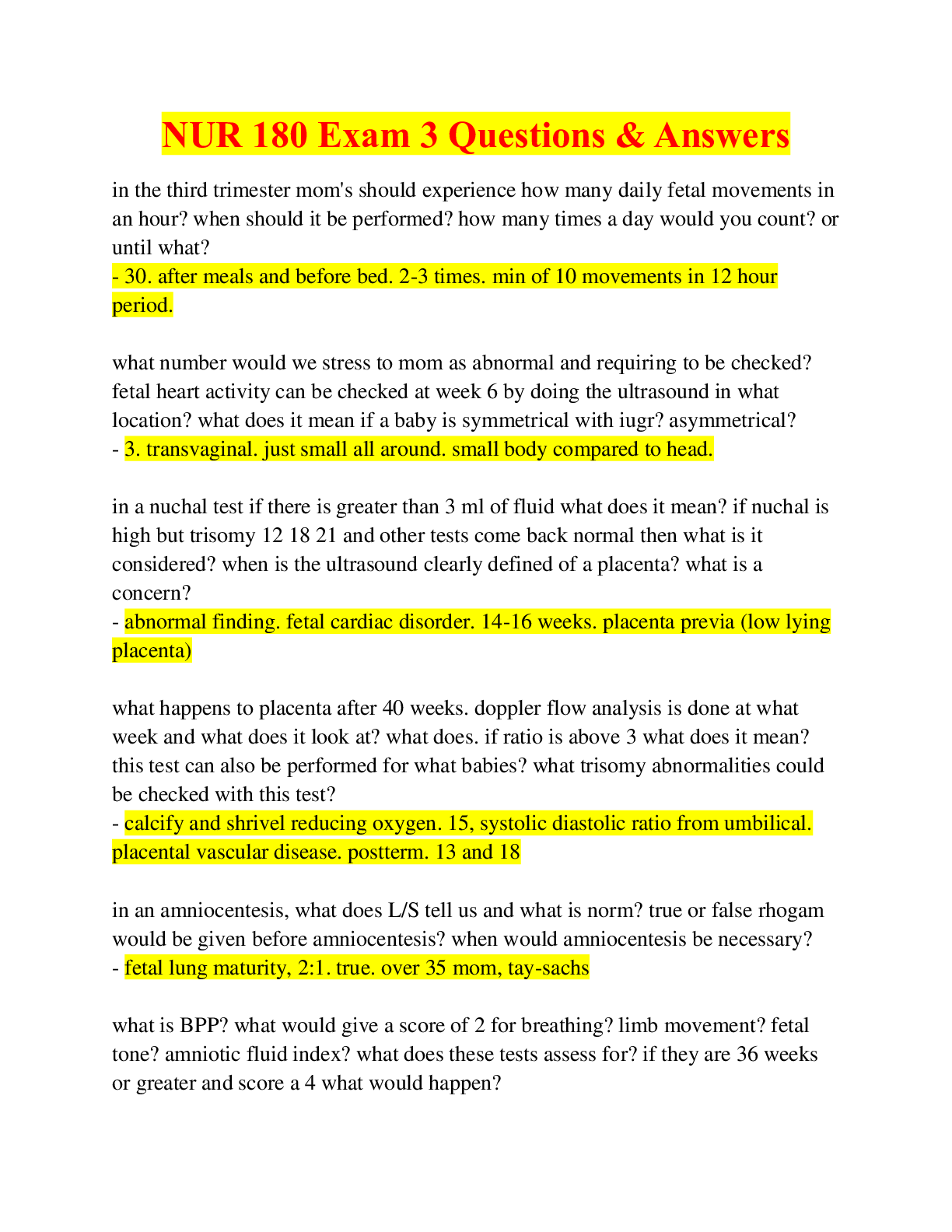 Preview of NUR 180 Exam 3 Questions & Answers