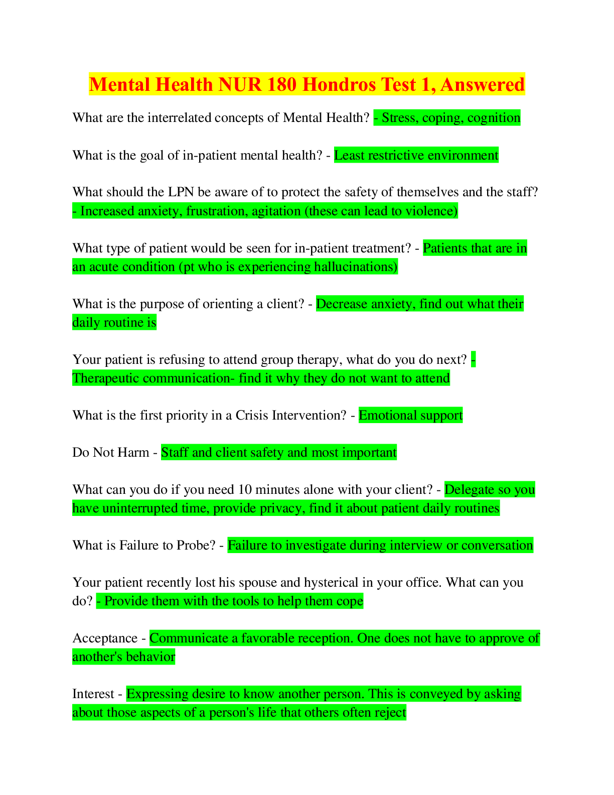 Preview of Mental Health NUR 180 Hondros Test 1, Answered