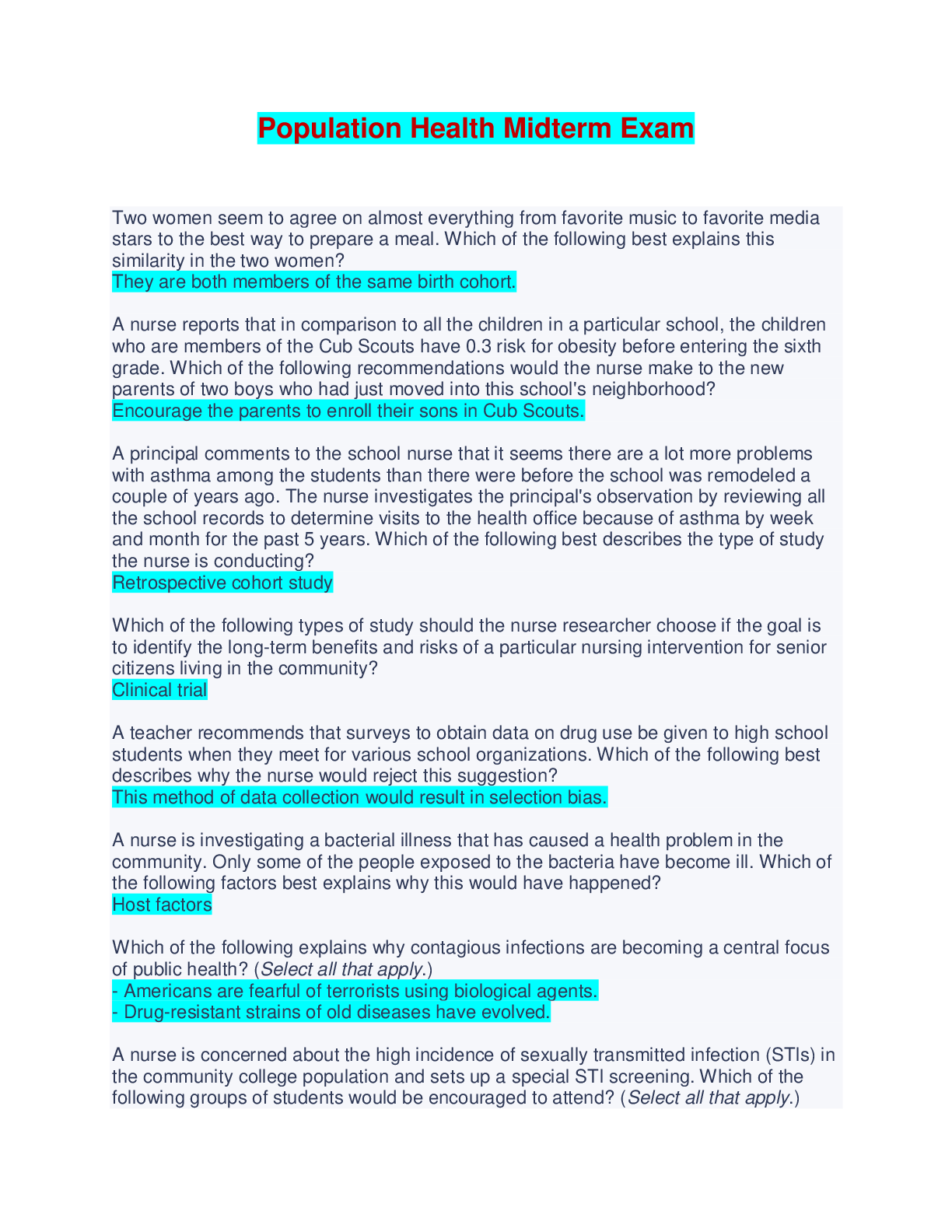 Population Health Midterm Exam - Questions and Answers