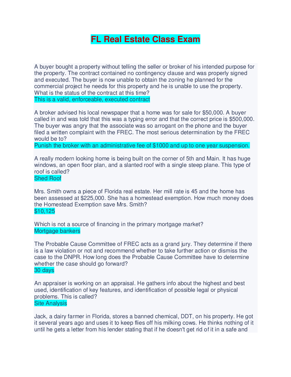 FLORIDA Real Estate Class Exam - Questions and Answers