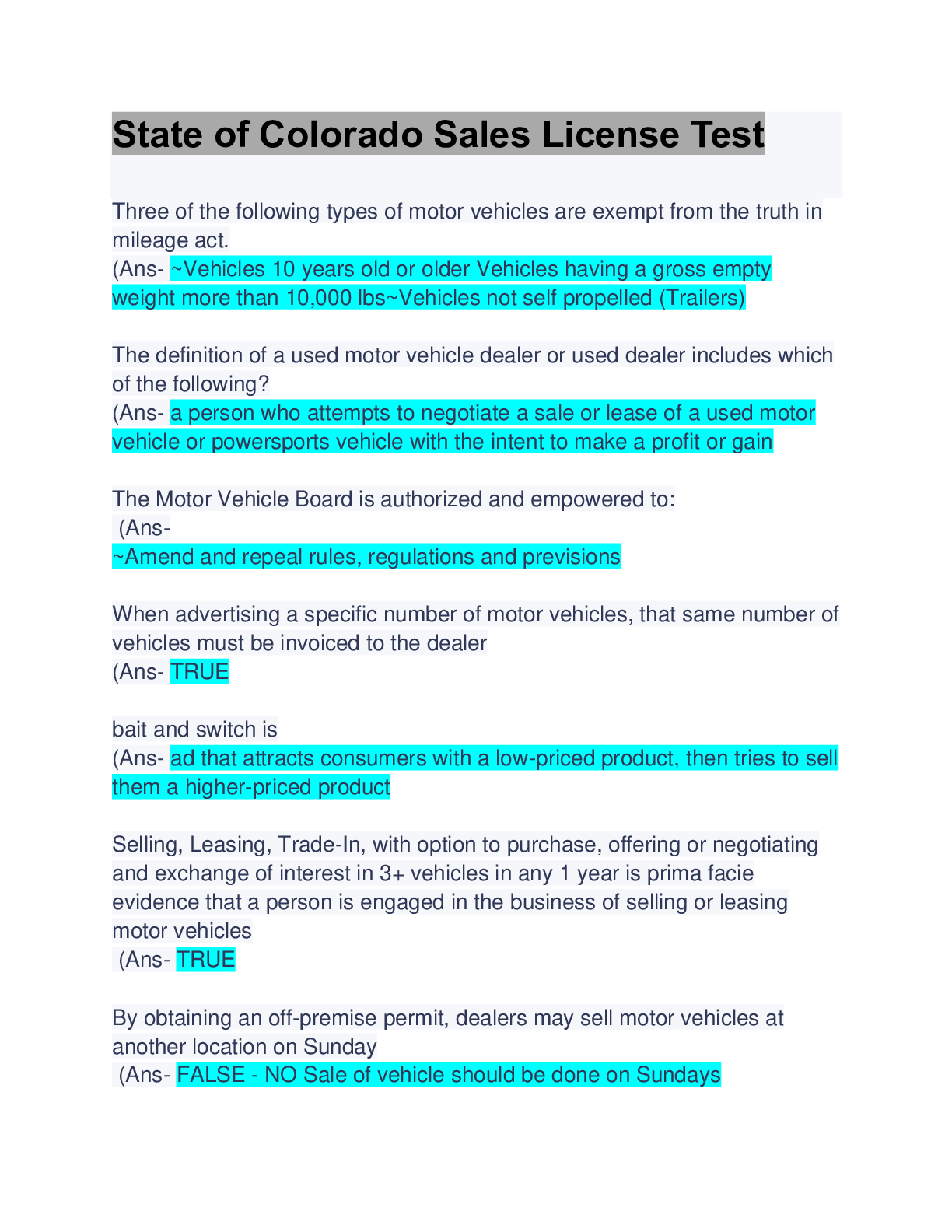 Preview image of State of Colorado Sales License Test: Questions & Answers: Updated A+ Guide document