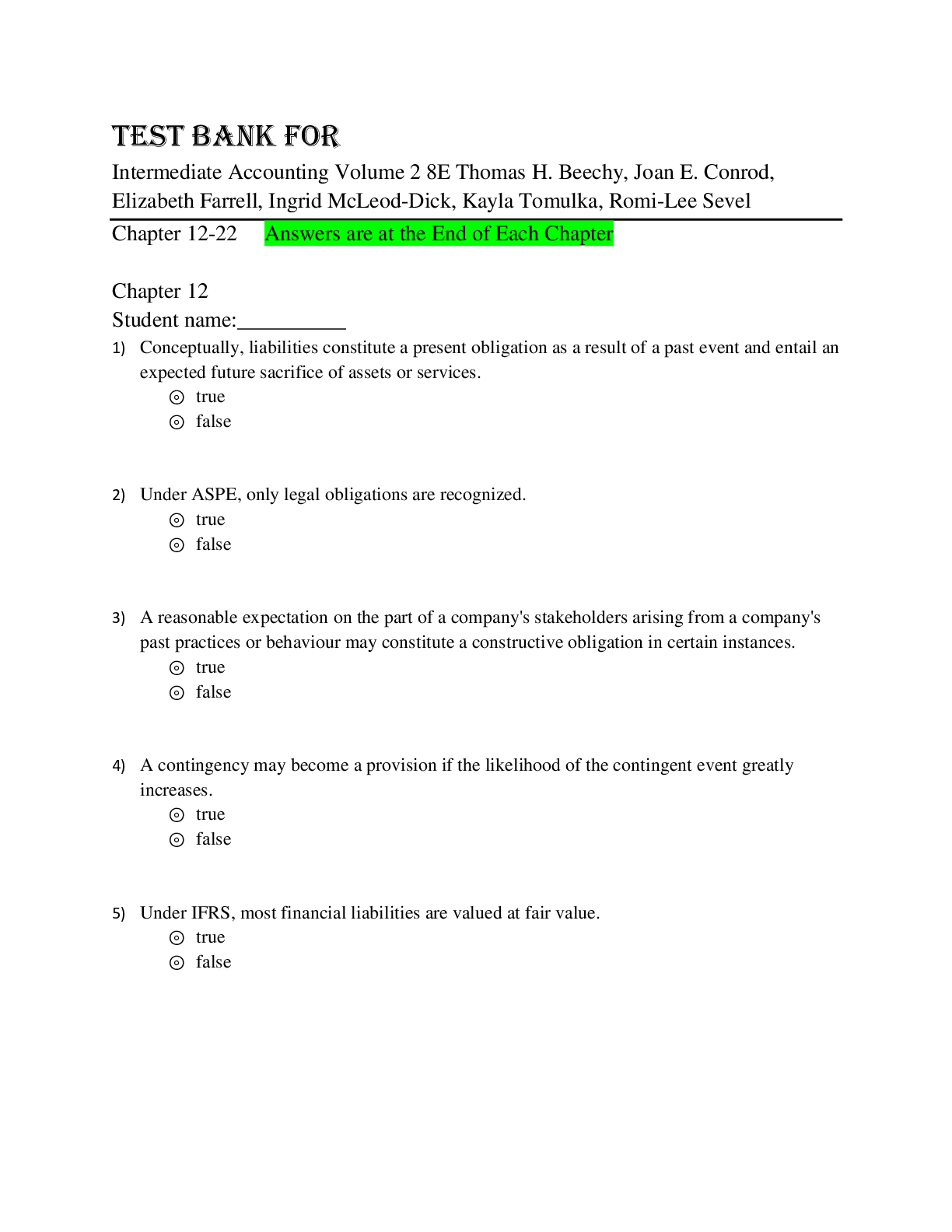 TEST BABK for Intermediate Accounting Volume 2 8th Edition Thomas H. Beechy, Joan E. Conrod, Elizabeth Farrell, Ingrid McLeod-Dick, Kayla Tomulka, Romi-Lee Sevel
