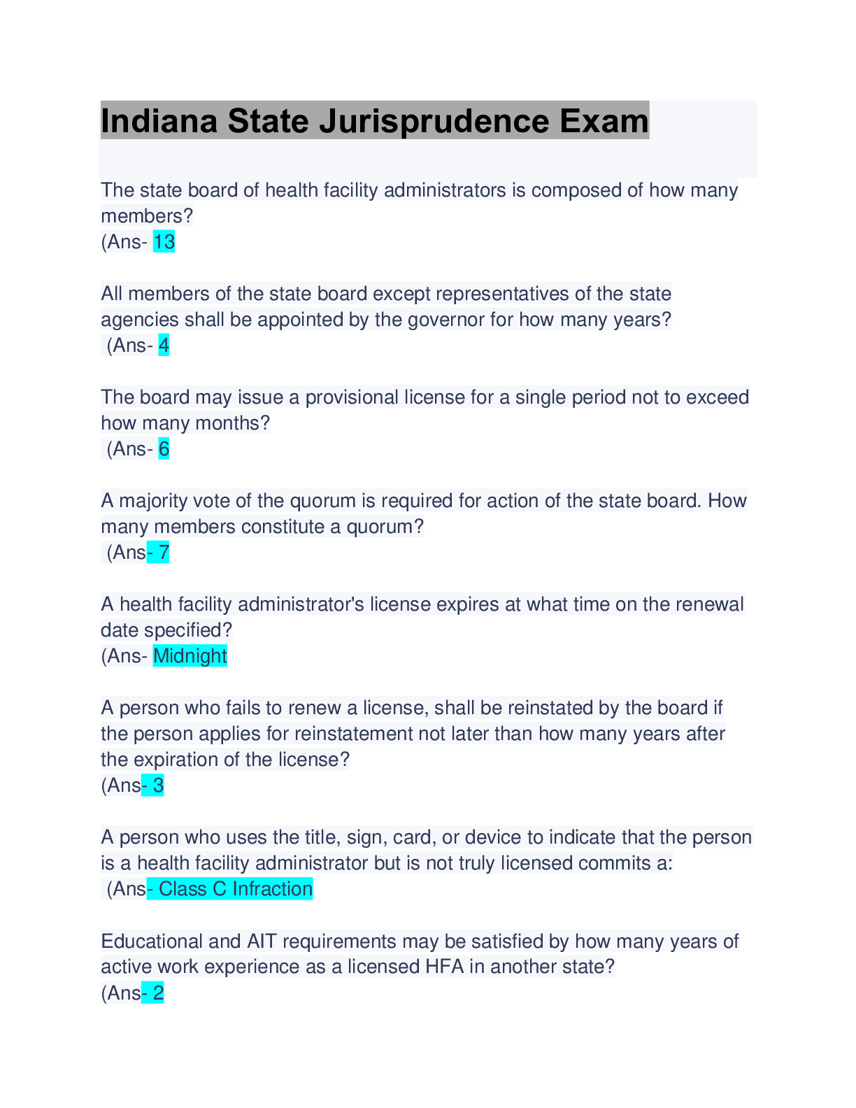 Preview image for Indiana State Jurisprudence Exam: Questions & Answers: Guaranteed A+ Score : Updated