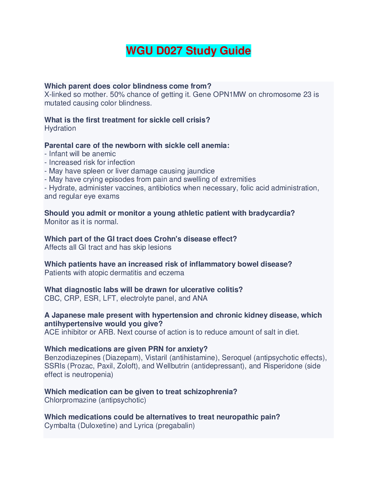 WGU D027 Study Guide -Questions and Answers, Latest Version