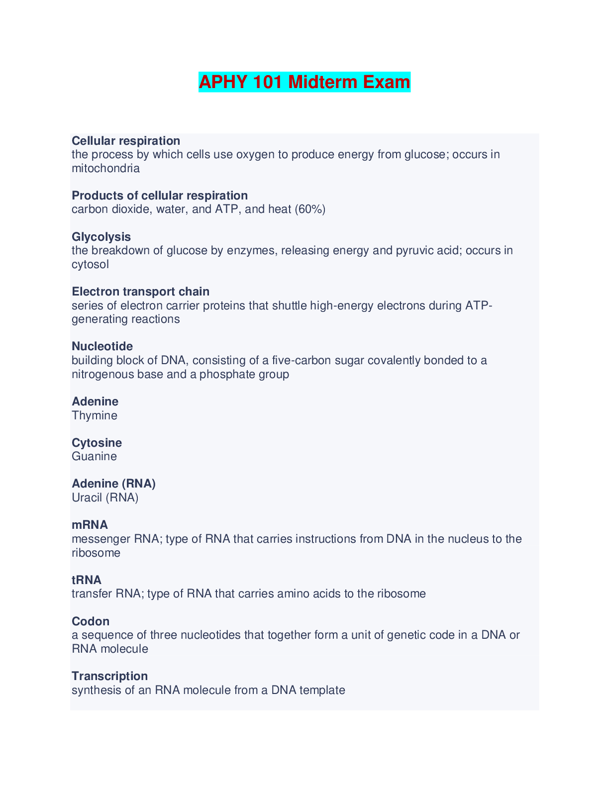APHY 101 Midterm Exam - Questions and Answers