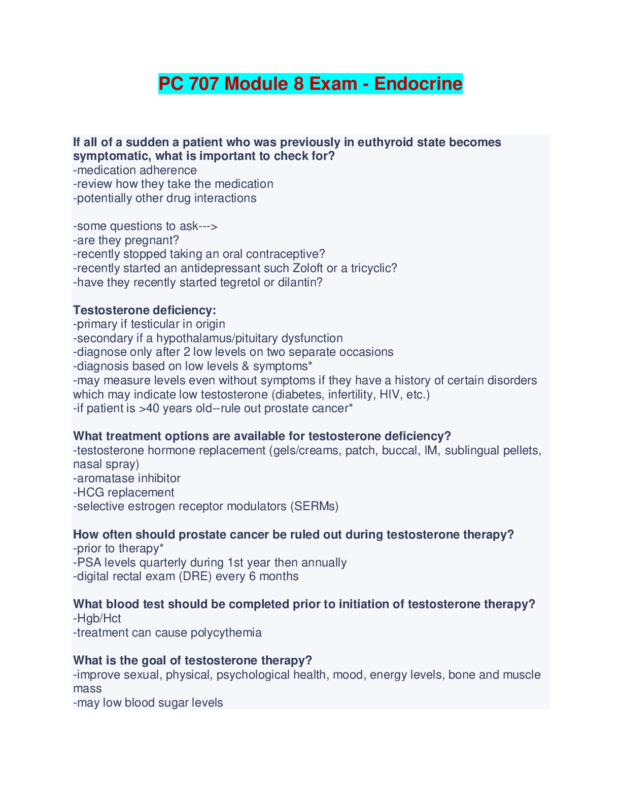 Preview image of PC 707 Module 8 Exam - Endocrine Q& A document