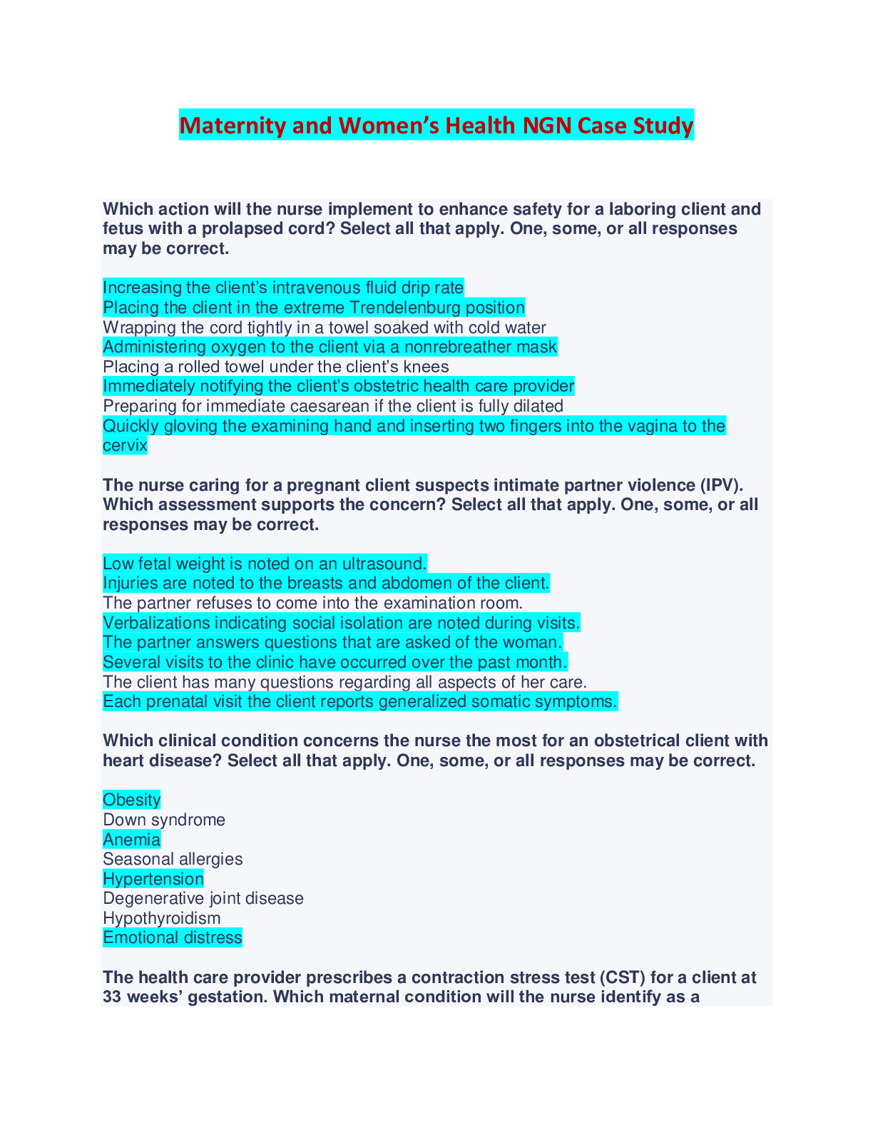 Preview of Maternity and Women’s Health NGN Case Study - Complete Solutions, Q &amp; A