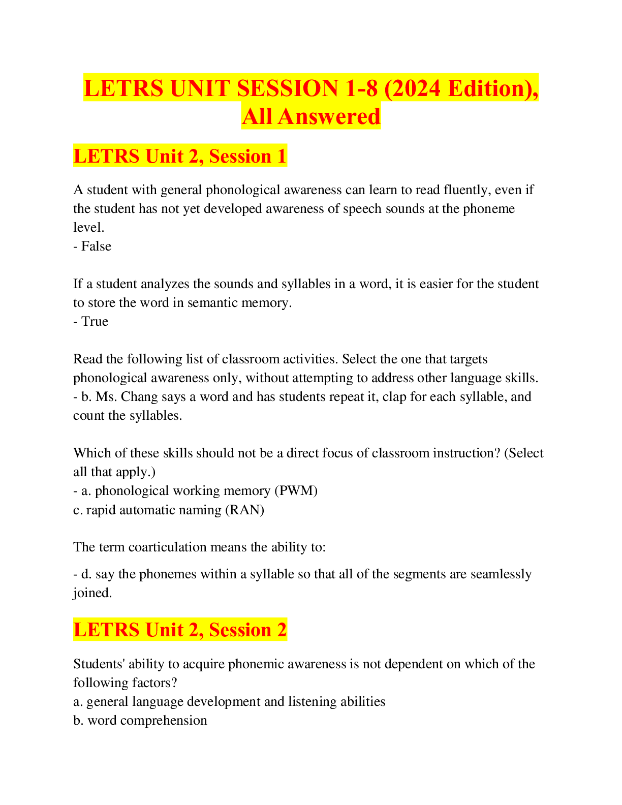 LETRS UNIT SESSION 1-8 (2024 Edition), All Answered - Browsegrades