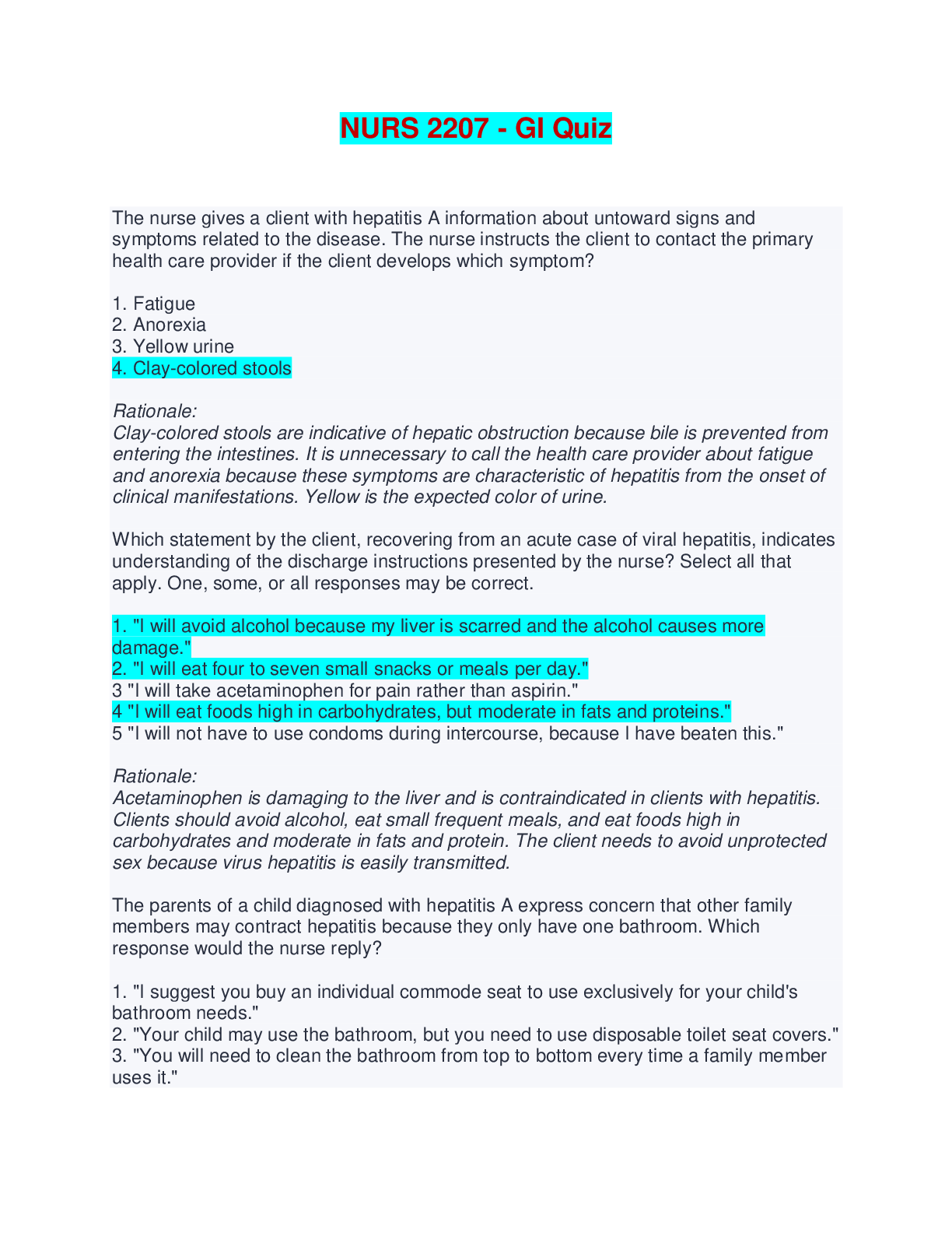 NURS 2207 GI Quiz - Questions, Answers and Rationales