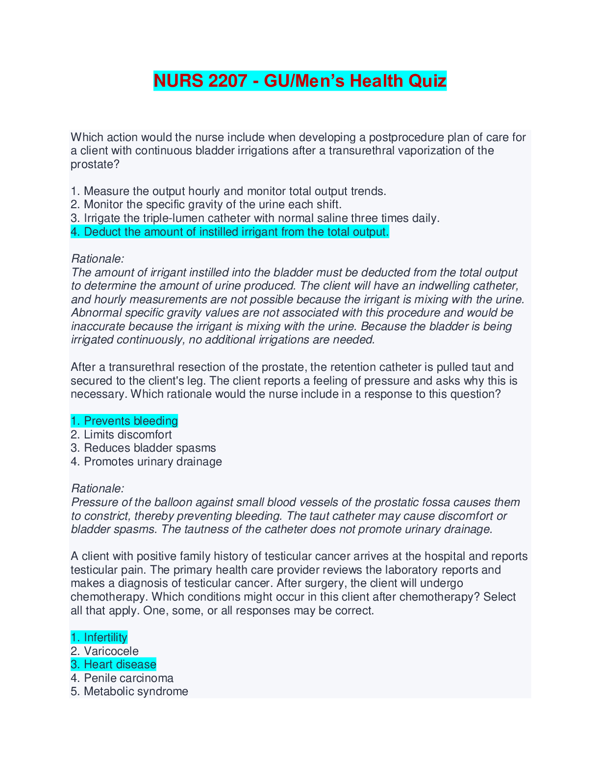NURS 2207 GU/Men’s Health Quiz - Questions, Answers and Rationales