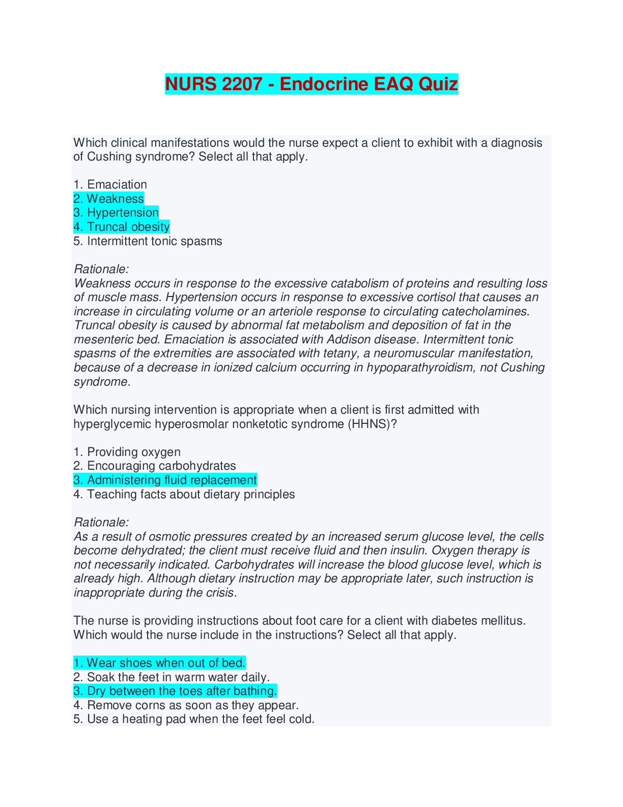 NURS 2207 Endocrine EAQ Quiz (Graded) - Questions, Answers and Rationales
