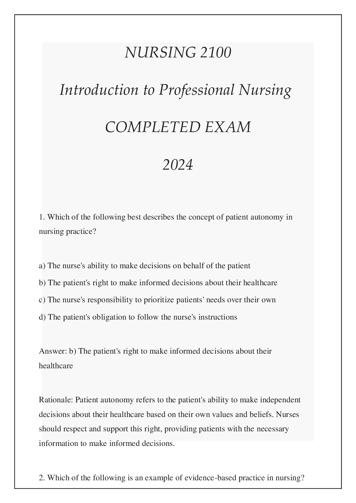 Preview of NURSING 2100 INTRO TO PROFESSIONAL NURSING EXAM Q & A 2024