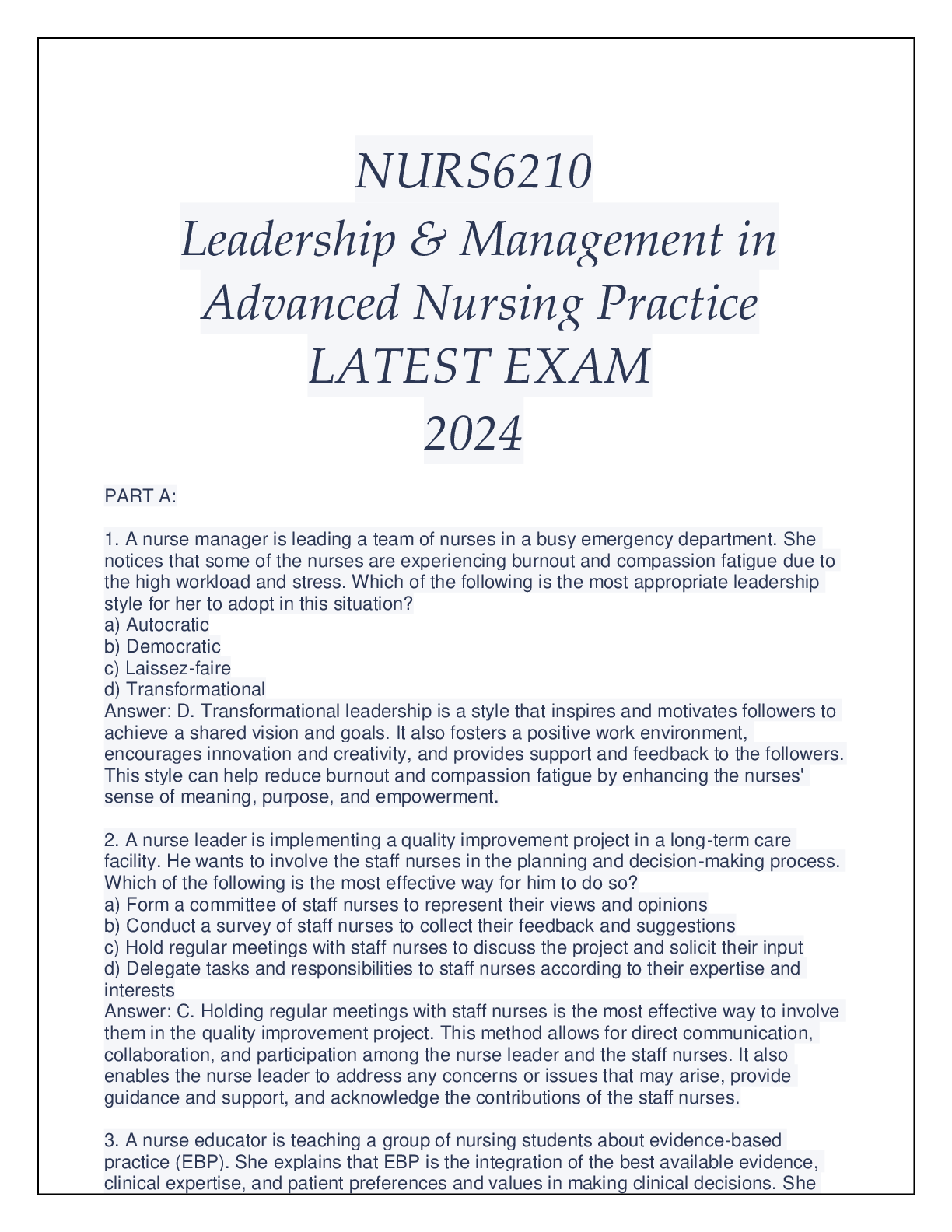 Preview of NURS6210 LEADERSHIP & MANAGEMENT IN ANP EXAM Q & A WITH RATIONALES 2024